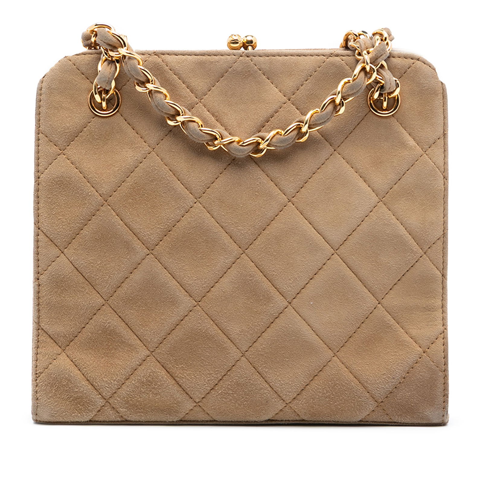Chanel Brown Quilted Suede Frame Bag with Chain Handles and Kiss Lock: Chanel Brown Quilted Suede Frame Bag with Chain Handles and Kiss Lock This Chanel CC Quilted Suede Kiss Lock Handbag features a brown quilted suede body with suede-woven chain handles, a top frame wit
