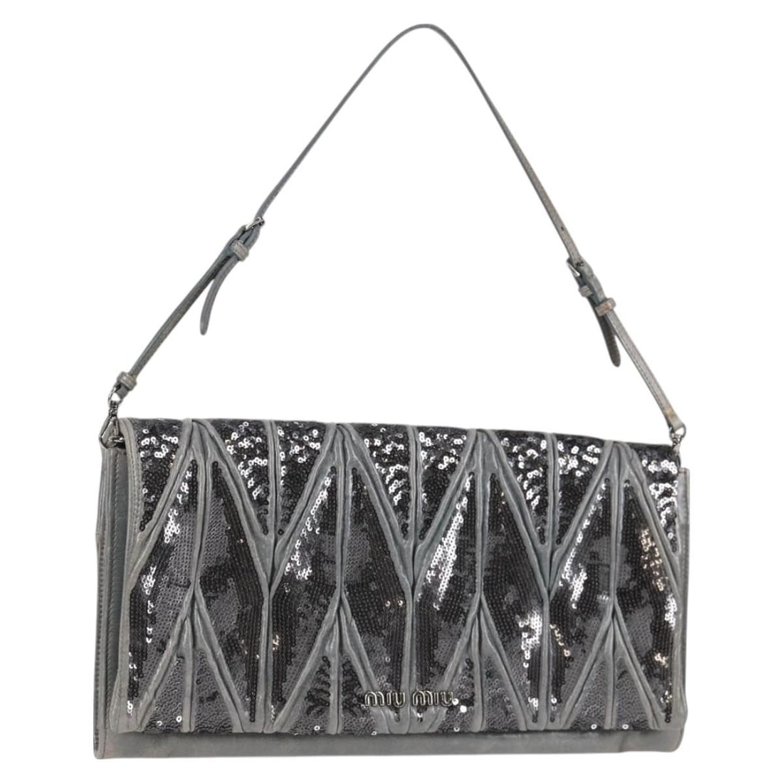 Miu Miu Light Blue Silver Sequin Leather Shoulder Bag Auth 130158V: Miu Miu Light Blue Silver Sequin Leather Shoulder Bag Auth 130158V This stunning Miu Miu shoulder bag features a captivating light blue and silver sequin exterior, crafted from high-quality leather. P