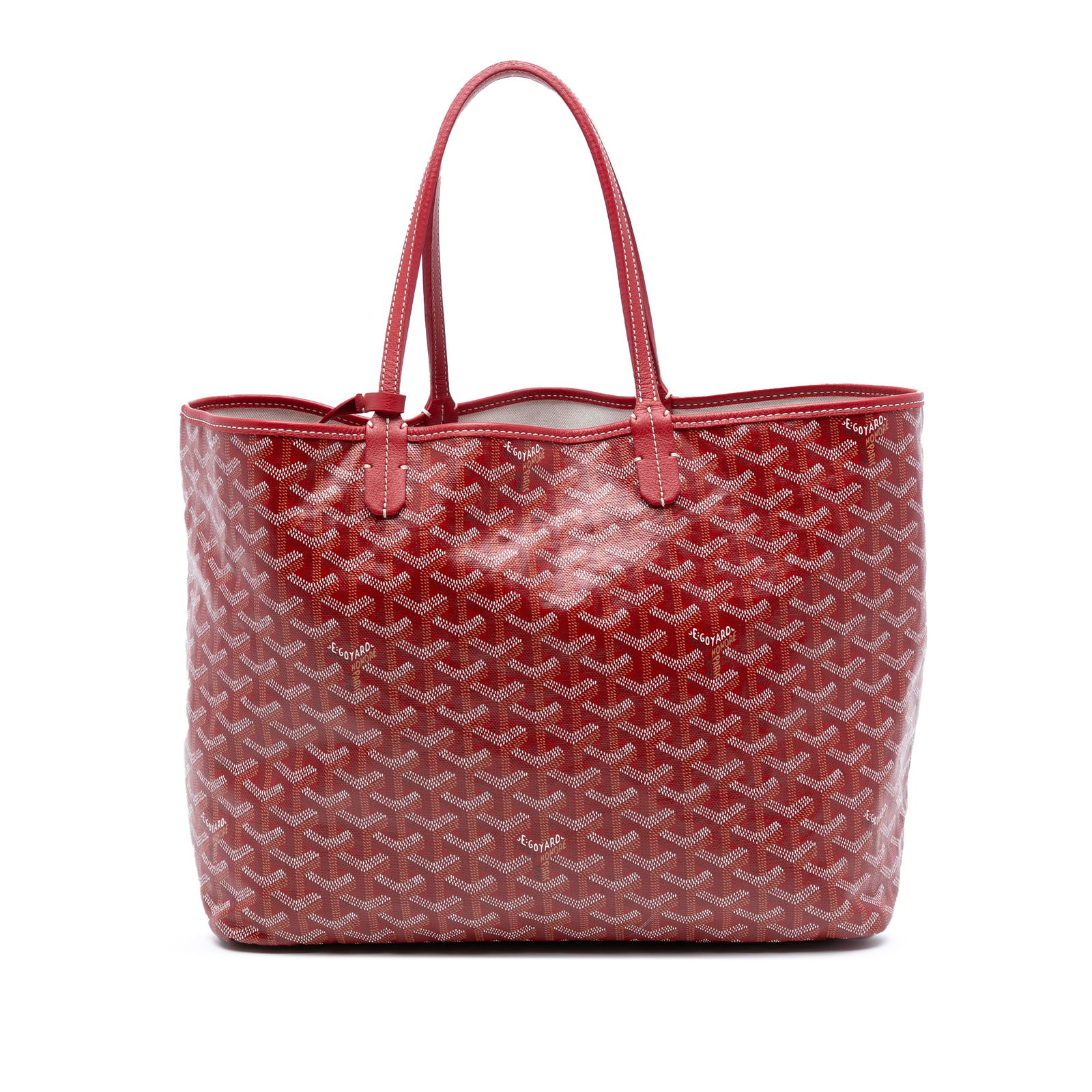 Red Goyard Saint Louis PM Tote with Coated Canvas and Leather Straps: Red Goyard Saint Louis PM Tote with Coated Canvas and Leather Straps The Saint Louis PM bag showcases a coated canvas exterior in red, flat leather straps, an open top design, and an interior pouch. T