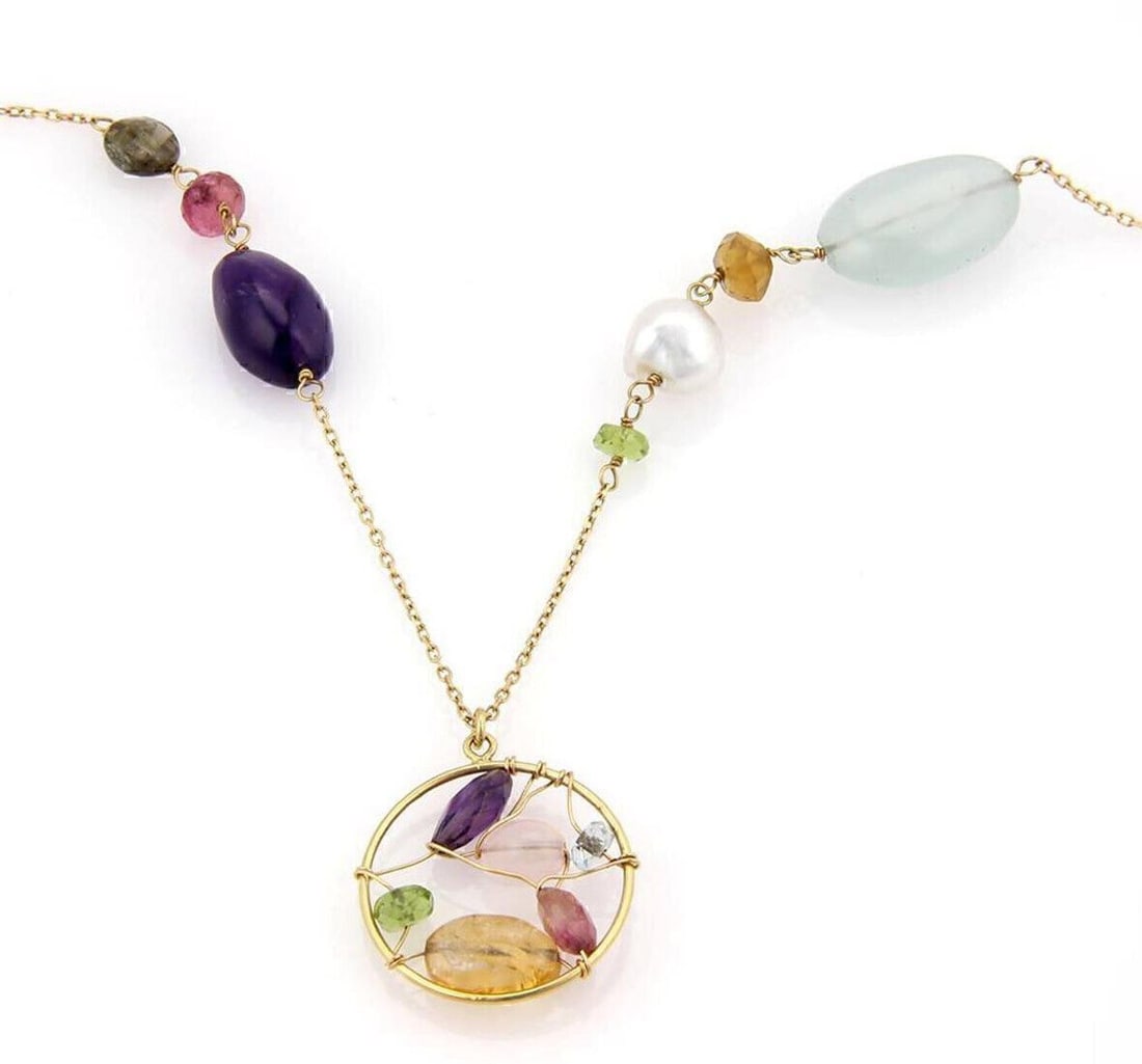 Tous Garabato 18k Yellow Gold Necklace with Pearls and Multi Gemstones 26 Inch: Tous Garabato 18k Yellow Gold Necklace with Pearls and Multi Gemstones 26 Inch This Tous Garabato necklace features a long chain style crafted from 18k yellow gold. The design is adorned with a vibran