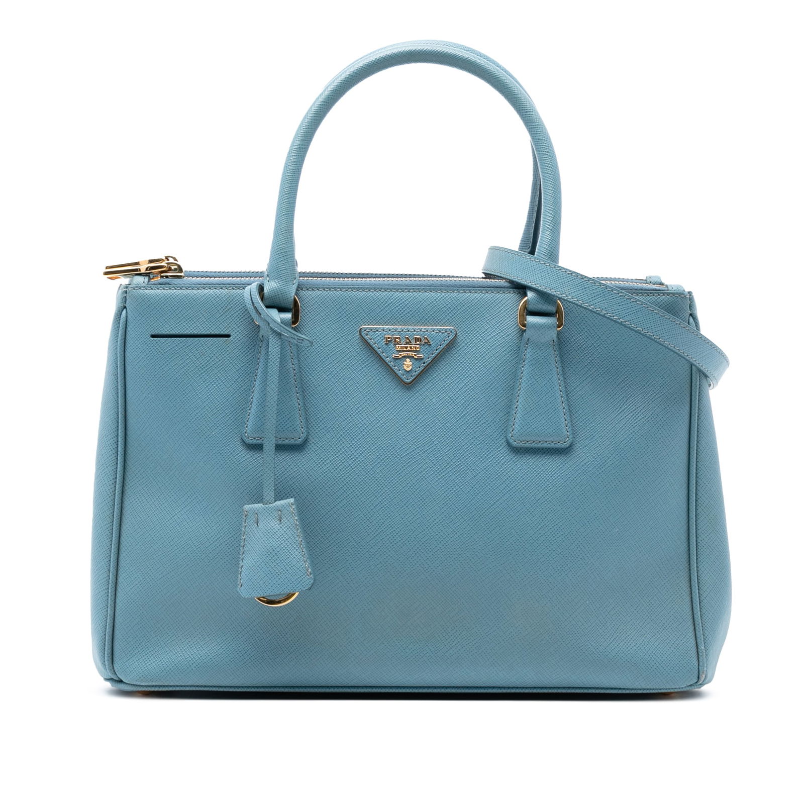 Prada Saffiano Leather Galleria Small Double Zip Blue Satchel with Strap: Prada Saffiano Leather Galleria Small Double Zip Blue Satchel with Strap This Prada Small Saffiano Lux Galleria Double Zip Satchel is crafted from blue leather and features rolled leather top handles,