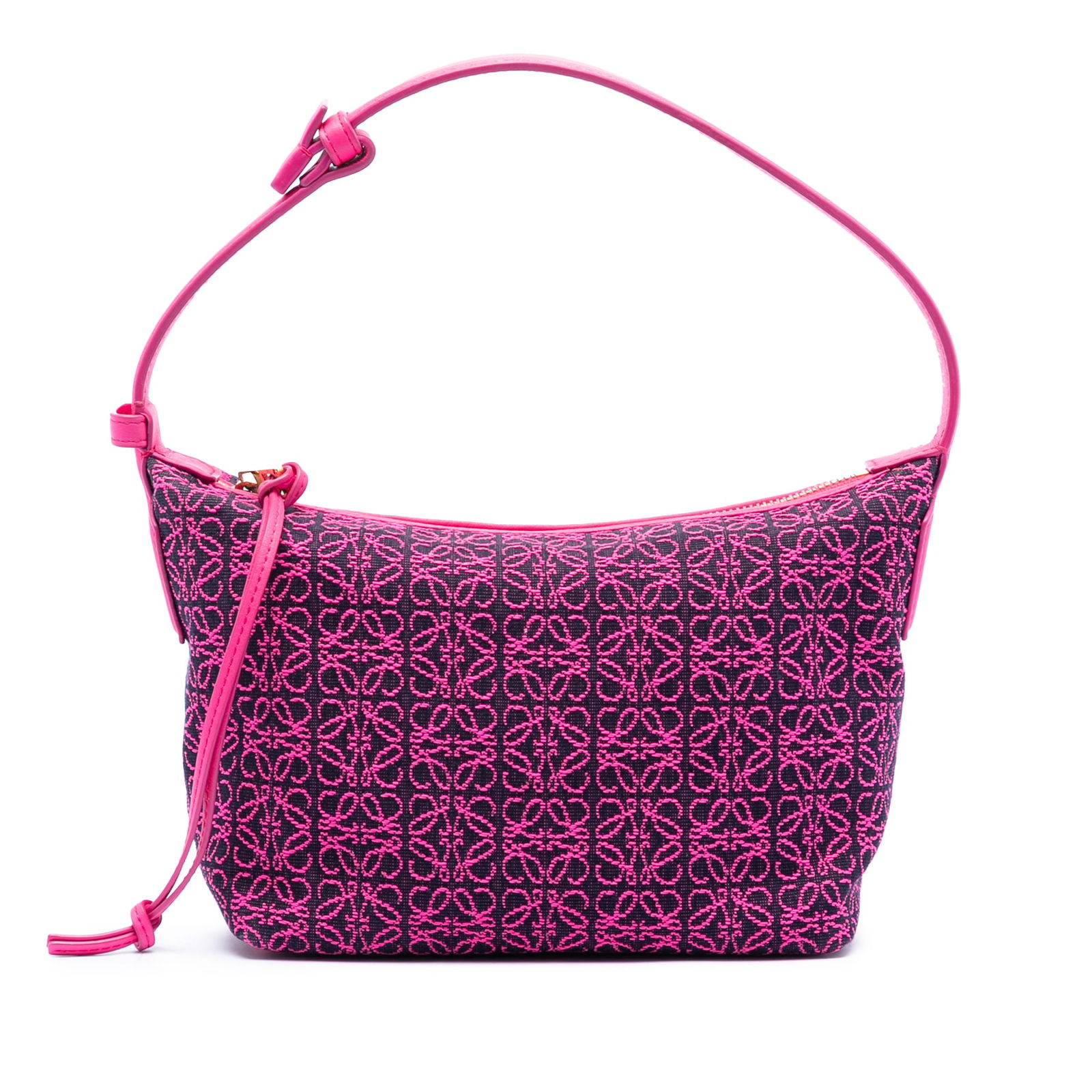 Loewe Pink Small Cubi Anagram Canvas Bag with Leather Trim: Loewe Pink Small Cubi Anagram Canvas Bag with Leather Trim This LOEWE Small Anagram Canvas Cubi Bag features a canvas body with leather trim, a flat leather handle, and a top zip closure. The bag is f