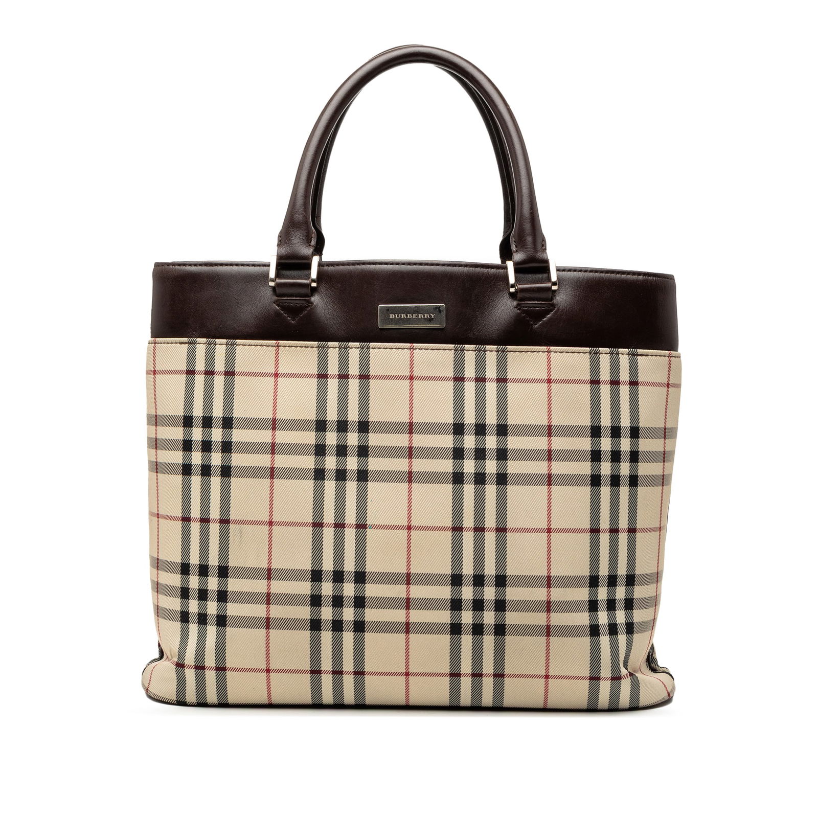 Burberry House Check Canvas Tote Bag with Leather Trim and Open Top: Burberry House Check Canvas Tote Bag with Leather Trim and Open Top This Burberry tote bag features the iconic house check canvas with leather trim and rolled leather handles. It includes an open top