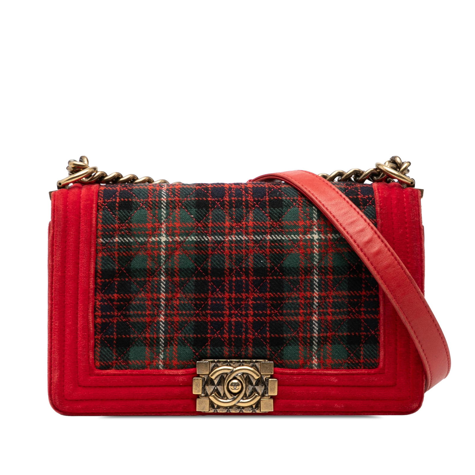 Chanel Boy Bag Old Medium Red Quilted Tweed Velvet Flap Shoulder: Chanel Boy Bag Old Medium Red Quilted Tweed Velvet Flap Shoulder This Chanel Old Medium Boy Flap bag features a combination of velvet and tweed on its body with a signature quilted design. It has a ch
