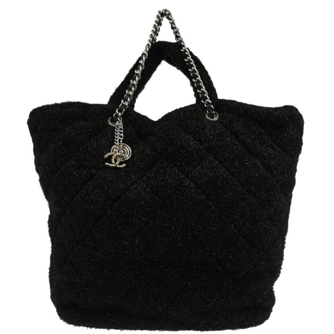 Chanel Pluto Glitter Large Black Leather Tote with Double Chain Handles: Chanel Pluto Glitter Large Black Leather Tote with Double Chain Handles This Chanel Black Pluto Glitter Shopping Tote is crafted from black leather and features a glitter finish, signature logo accent