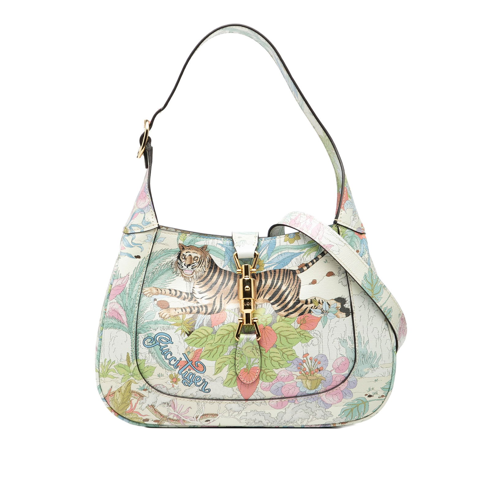 Jackie 1961 Small Tiger Leather Crossbody Bag by Gucci: Jackie 1961 Small Tiger Leather Crossbody Bag by Gucci The Gucci Small Calfskin Tiger Jackie 1961 Crossbody is crafted from leather and features an adjustable flat strap, an open top with piston-lock