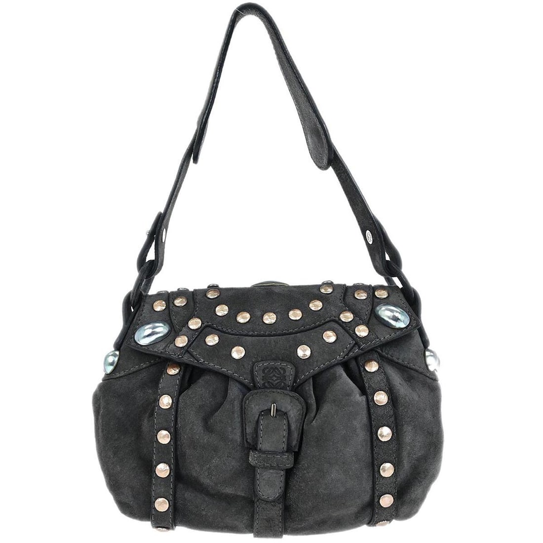 Gray Suede Loewe Anagram Small Shoulder Bag with Stud Accents: Gray Suede Loewe Anagram Small Shoulder Bag with Stud Accents This Loewe gray suede studded shoulder bag features a magnetic closure, inner pockets, and a shoulder strap with an 8-inch drop. The small