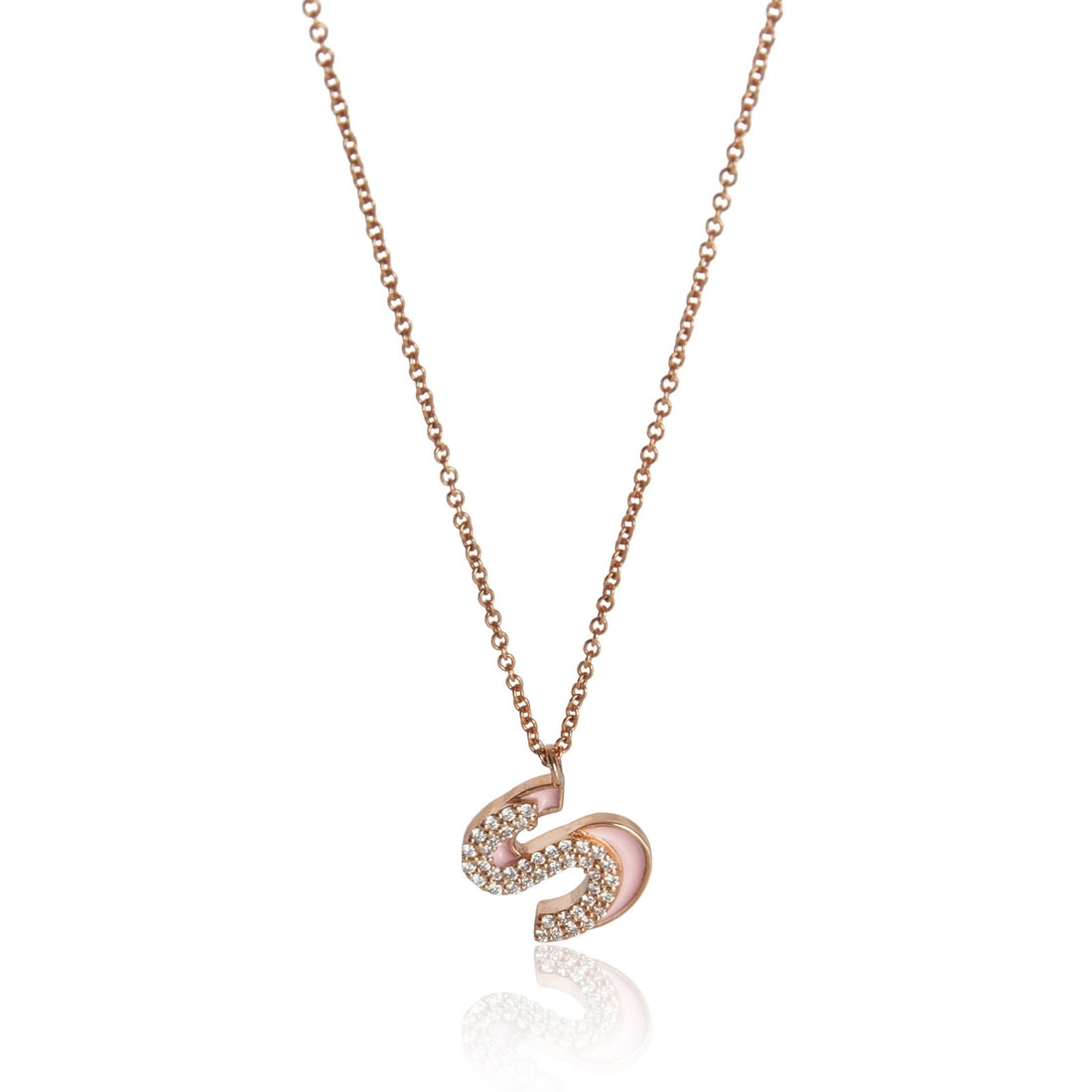 Pink Enamel S Pendant in 14K Rose Gold with Diamonds: Pink Enamel S Pendant in 14K Rose Gold with Diamonds This women's pendant features a round brilliant design crafted in 14K rose gold with pink enamel detailing and an initial 'S'. It is set with white