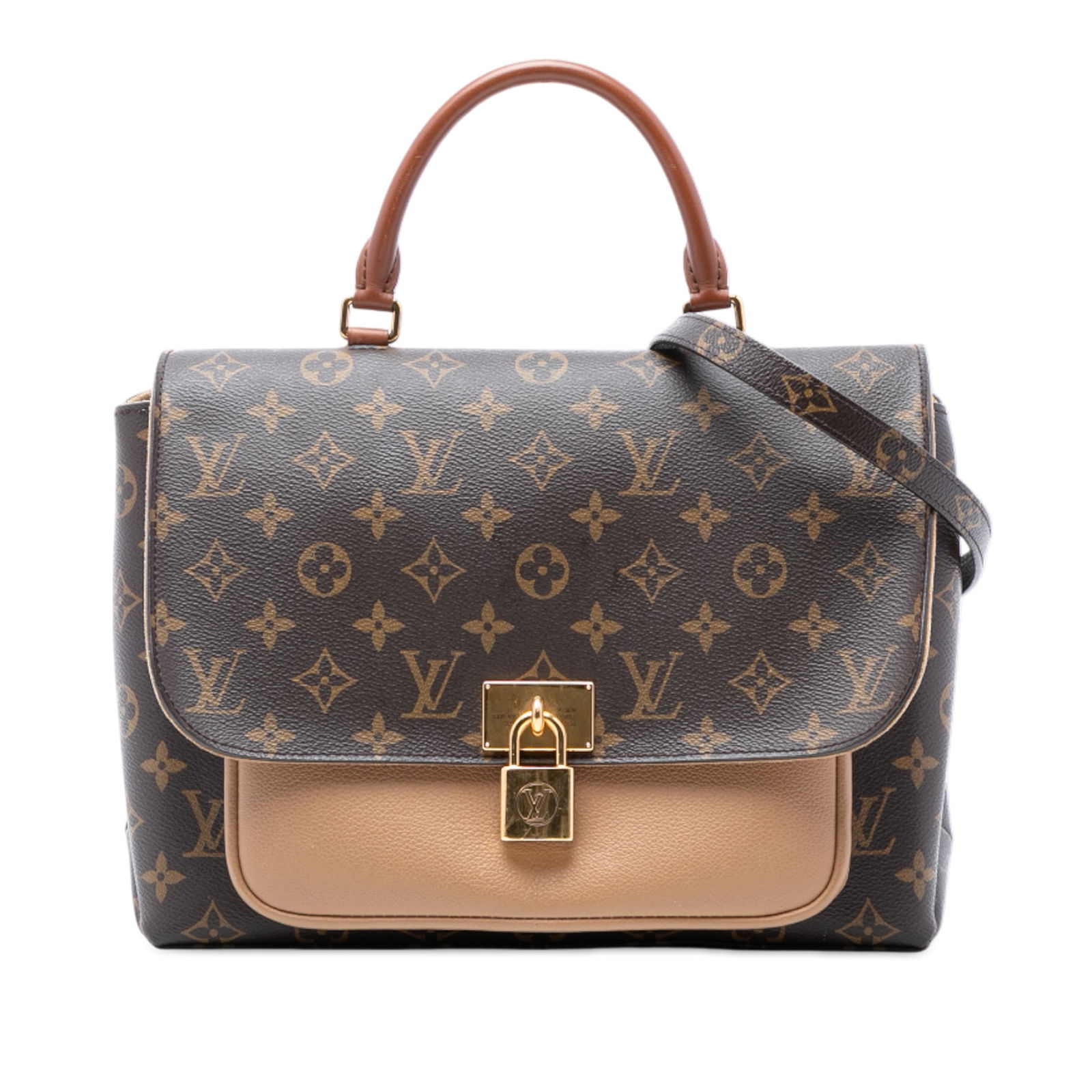 Marignan Brown Canvas Shoulder Bag with Leather Handle by Louis Vuitton: Marignan Brown Canvas Shoulder Bag with Leather Handle by Louis Vuitton The Louis Vuitton Marignan features a monogram canvas body with a rolled leather top handle and a detachable flat strap. It has