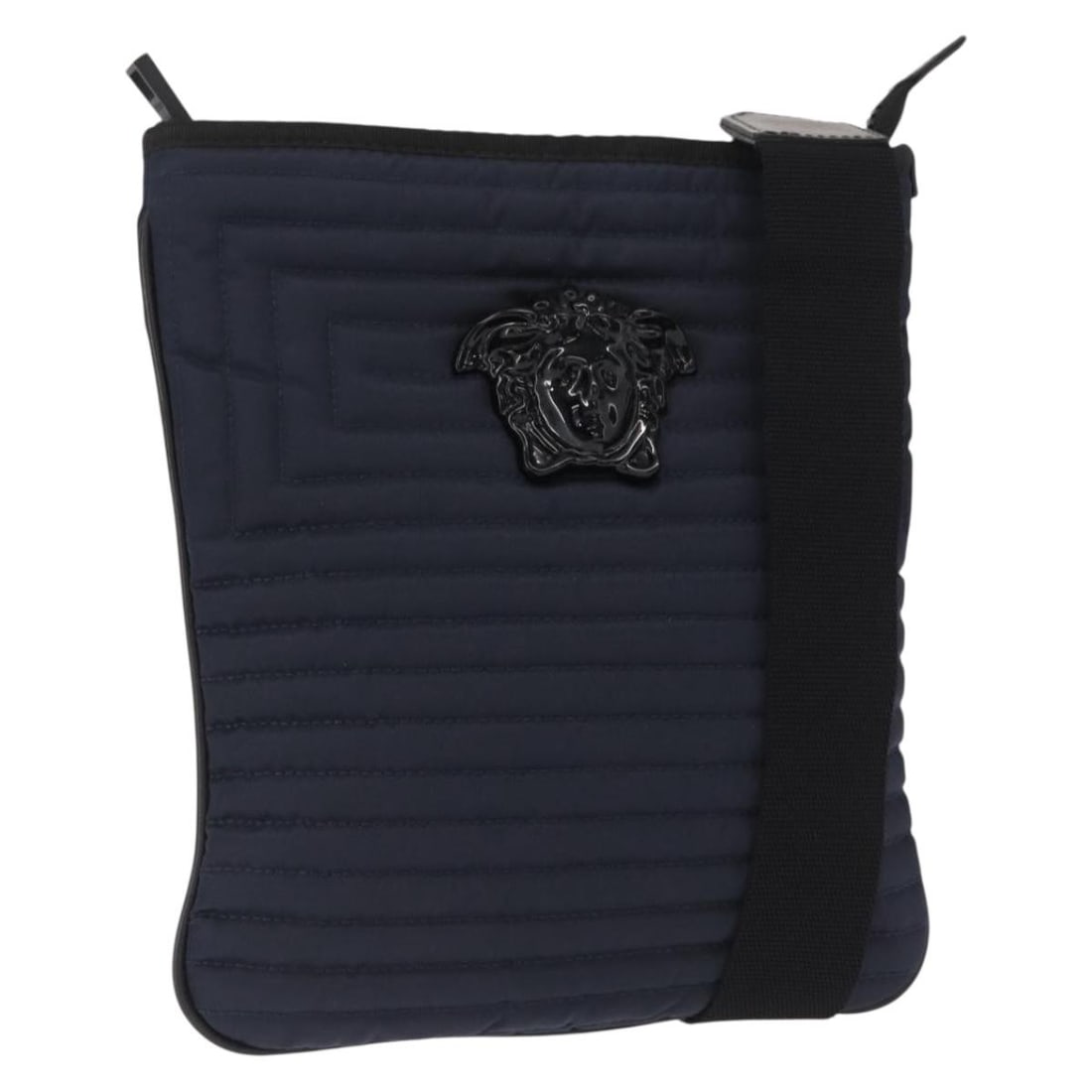 Navy Nylon Versace Shoulder Bag Made in Italy: Navy Nylon Versace Shoulder Bag Made in Italy This Versace shoulder bag features a navy nylon exterior and a practical, modern design. Made in Italy, it offers a versatile strap drop of 15.7 to 23.6 i