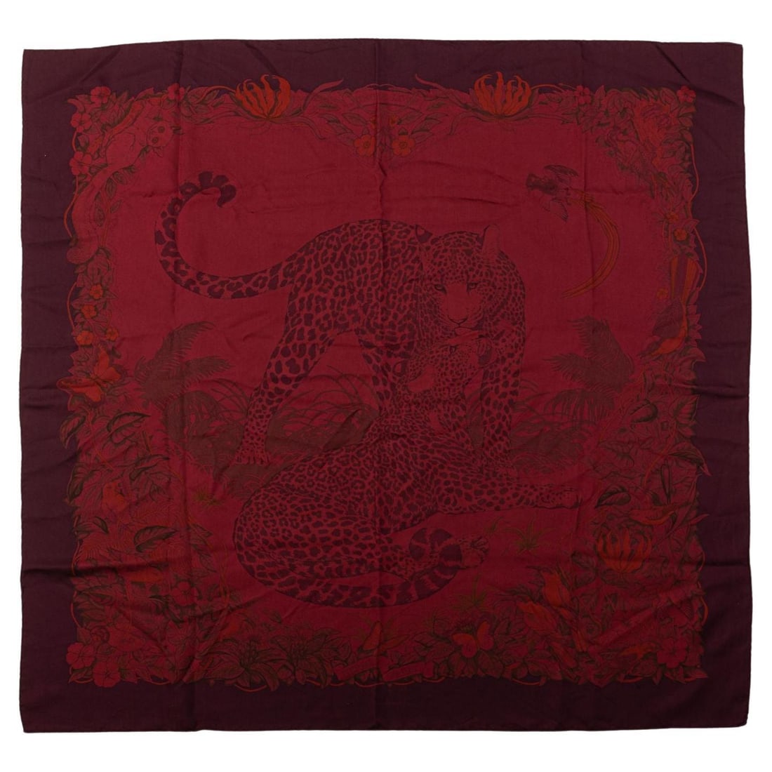 Hermes Limited Edition Jungle Love Silk Scarf Bordeaux 35in: Hermes Limited Edition Jungle Love Silk Scarf Bordeaux 35in Introducing the exquisite Hermes Limited Edition Jungle Love Scarf, designed by the renowned artist Dallet. This luxurious silk scarf featur