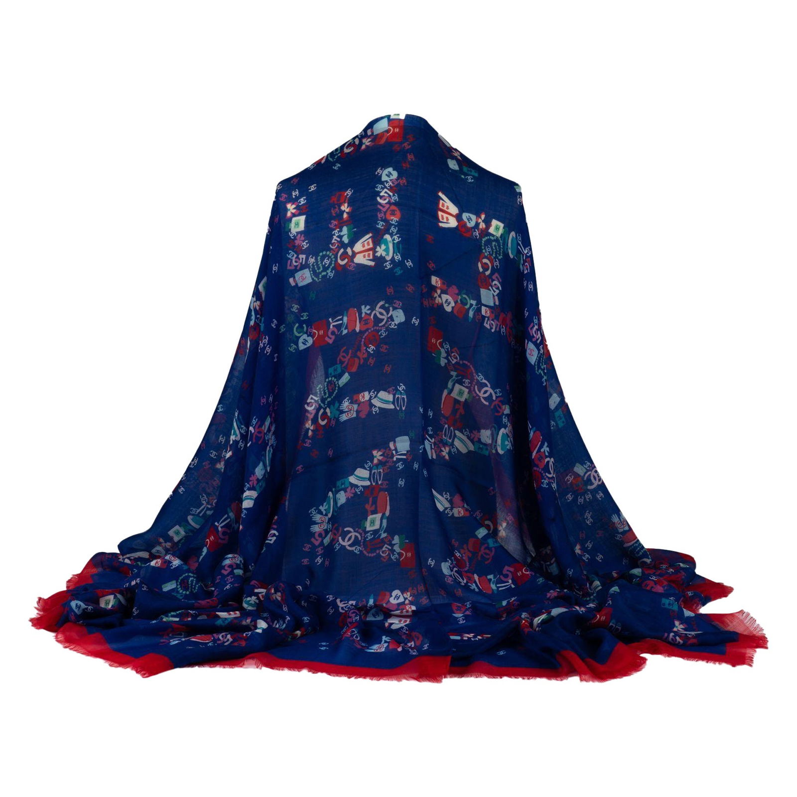 Chanel Navy Red Cashmere Shawl 52x78 Luxury Accessory: Chanel Navy Red Cashmere Shawl 52x78 Luxury Accessory Elevate your wardrobe with this exquisite Chanel cashmere shawl featuring a striking navy blue and red design. The generous dimensions of 52 inche