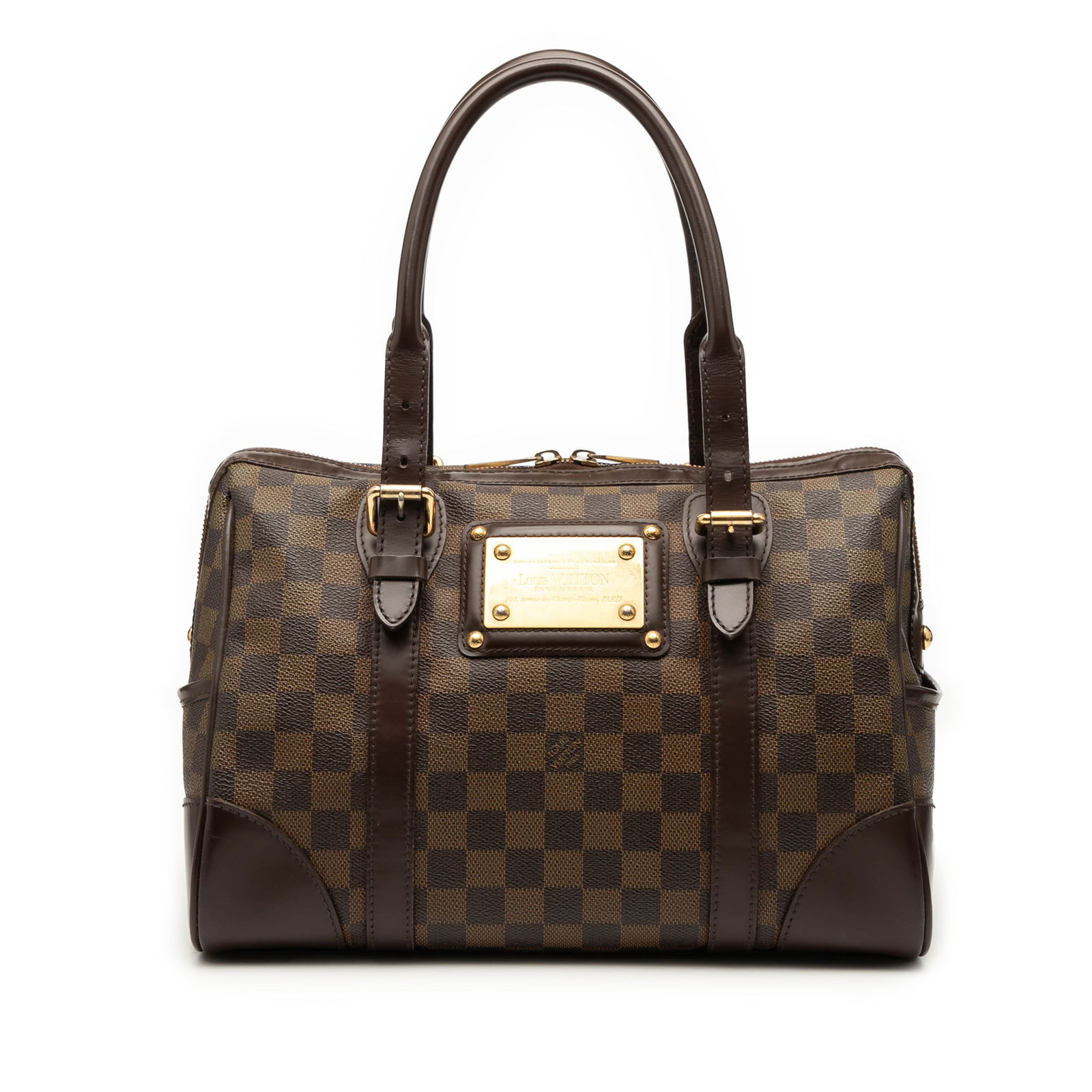 Damier Ebene Berkeley handbag by Louis Vuitton with leather trim: Damier Ebene Berkeley handbag by Louis Vuitton with leather trim This Louis Vuitton Damier Ebene Berkeley bag features the signature damier ebene canvas with leather trim, complemented by rolled leath