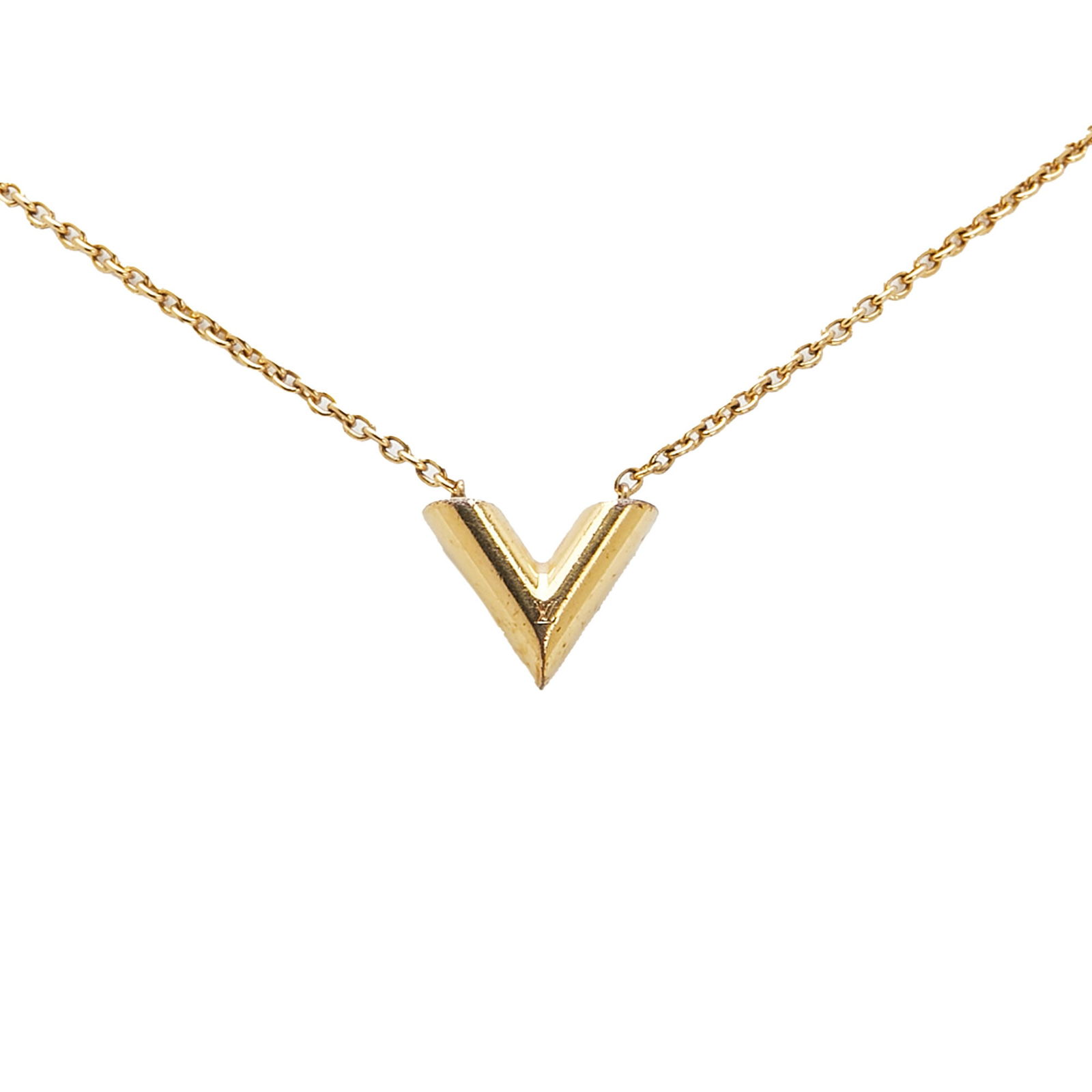 Louis Vuitton Gold Plated Essential V Necklace Italy: Louis Vuitton Gold Plated Essential V Necklace Italy This Louis Vuitton Essential V Necklace showcases a stunning gold-plated design, featuring a signature V pendant that elegantly hangs from a gold-t