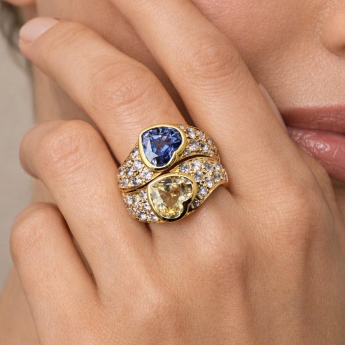 14 Gram 18K Gold Stackable Rings with Sapphires and Diamonds: 14 Gram 18K Gold Stackable Rings with Sapphires and Diamonds This stackable ring set is crafted from 18K yellow gold and features two sapphires with a total weight of approximately 4.50 carats. The ri
