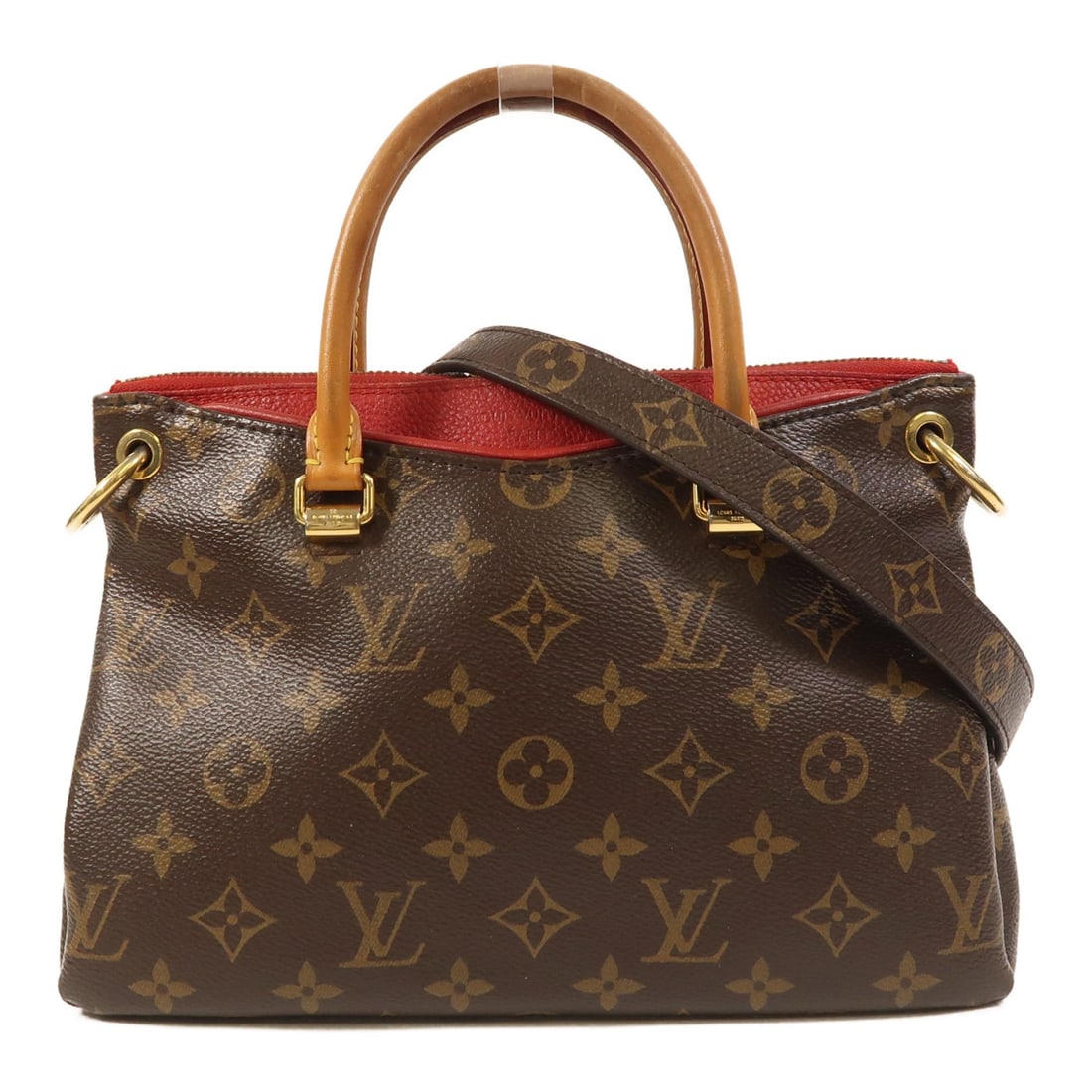 Louis Vuitton Pallas BB Monogram Brown Red 2way Shoulder Bag M41241 GHW: Louis Vuitton Pallas BB Monogram Brown Red 2way Shoulder Bag M41241 GHW This Louis Vuitton Pallas BB 2-way bag features a classic monogram pattern in brown with red accents. Crafted from PVC coated ca