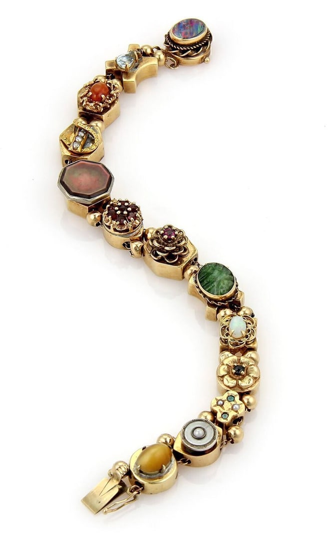 14k Yellow Gold Bracelet with Multicolor Gemstone Slide Charms (1 of 6)