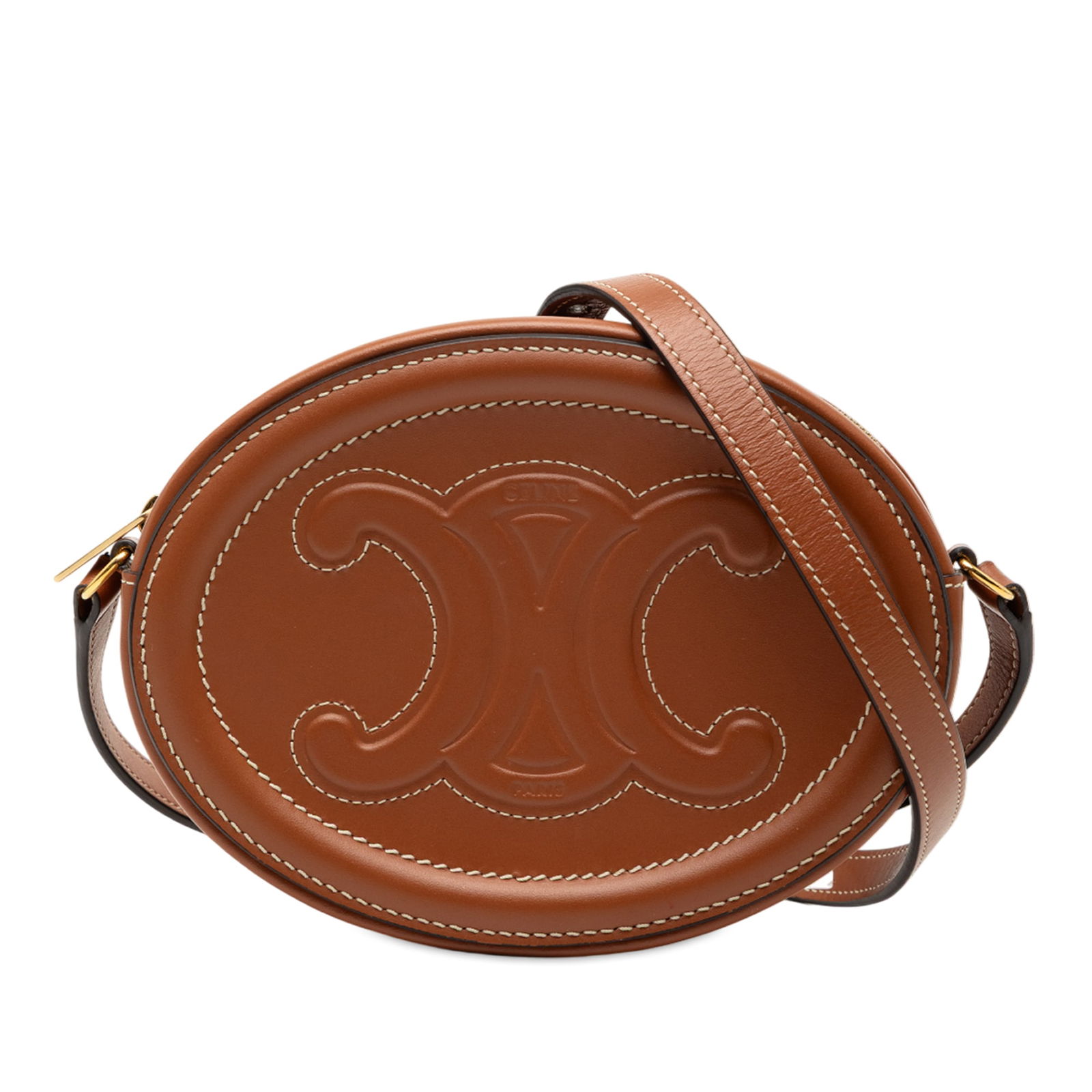 Celine Triomphe Small Brown Leather Oval Crossbody Bag: Celine Triomphe Small Brown Leather Oval Crossbody Bag This Celine Small Calfskin Cuir Triomphe Oval Crossbody features an embossed leather exterior in brown, a flat leather shoulder strap, and a top