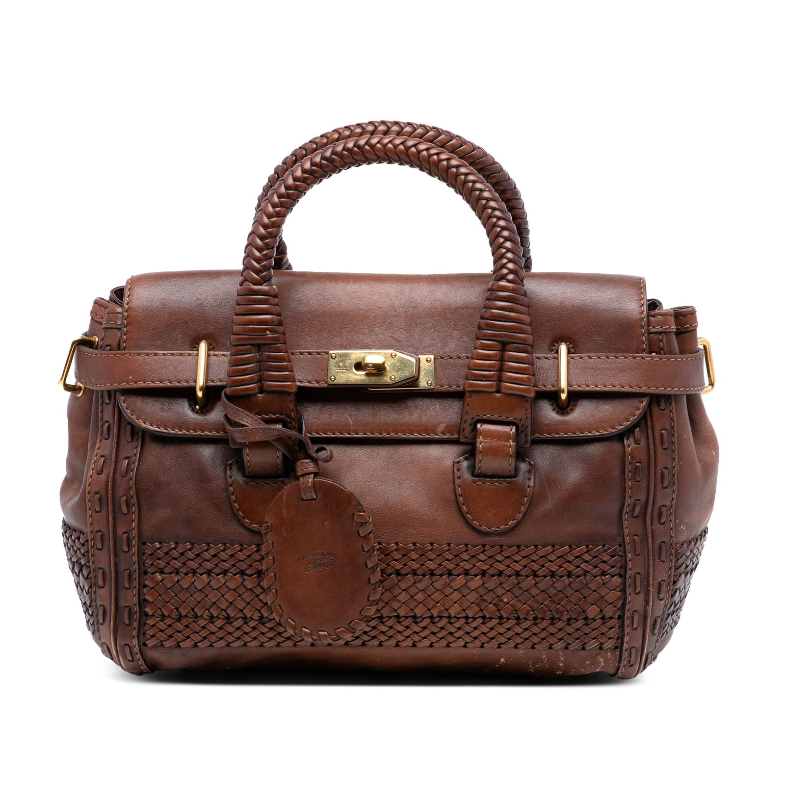 Gucci Brown Woven Leather Medium Handbag With Braided Handles: Gucci Brown Woven Leather Medium Handbag With Braided Handles This Gucci medium handbag is crafted from brown leather and features woven leather details, rolled braided leather handles, and a top flap