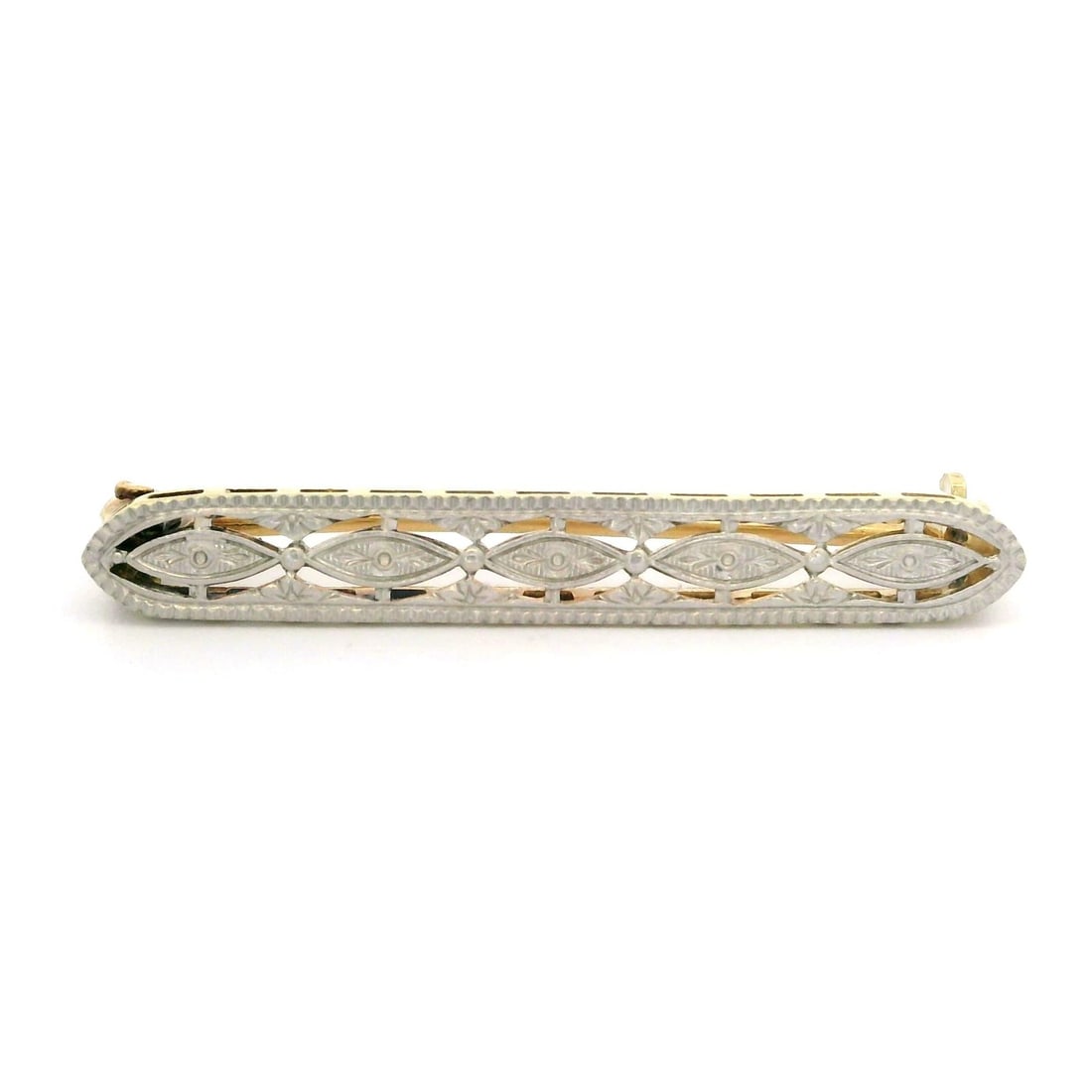 Antique Krementz 14k Gold Hand Engraved Filigree Bar Pin: Antique Krementz 14k Gold Hand Engraved Filigree Bar Pin This exquisite antique Art Deco bar pin showcases the artistry of Krementz, crafted from 14k yellow gold with a platinum top. Its intricate han