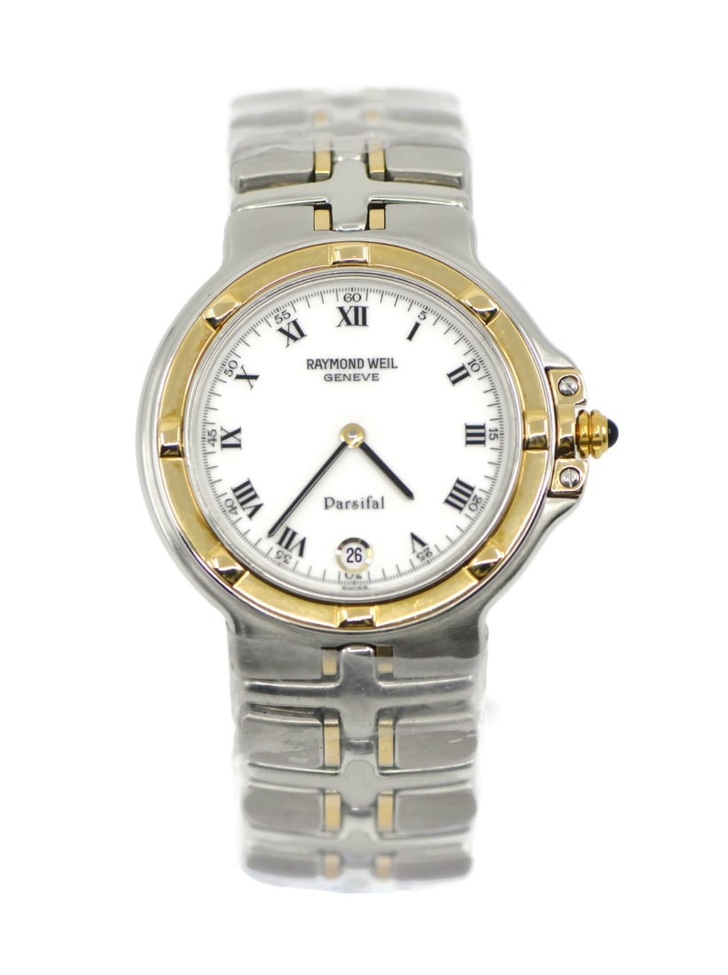Raymond Weil Parsifal Two Tone Quartz Watch 34mm Ref 9190: Raymond Weil Parsifal Two Tone Quartz Watch 34mm Ref 9190 This Raymond Weil Parsifal wristwatch showcases a classic design featuring a two-tone stainless steel case and band. The elegant white dial is