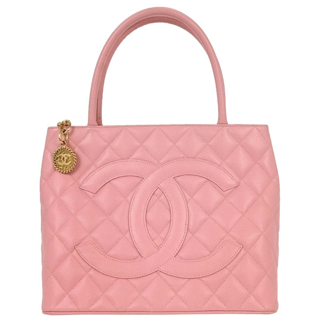 Chanel Pink Caviar Medallion Tote Handbag with Double Handles: Chanel Pink Caviar Medallion Tote Handbag with Double Handles This exquisite Chanel Pink Calfskin Medallion Tote Handbag is a perfect blend of elegance and functionality, ideal for casual occasions. T