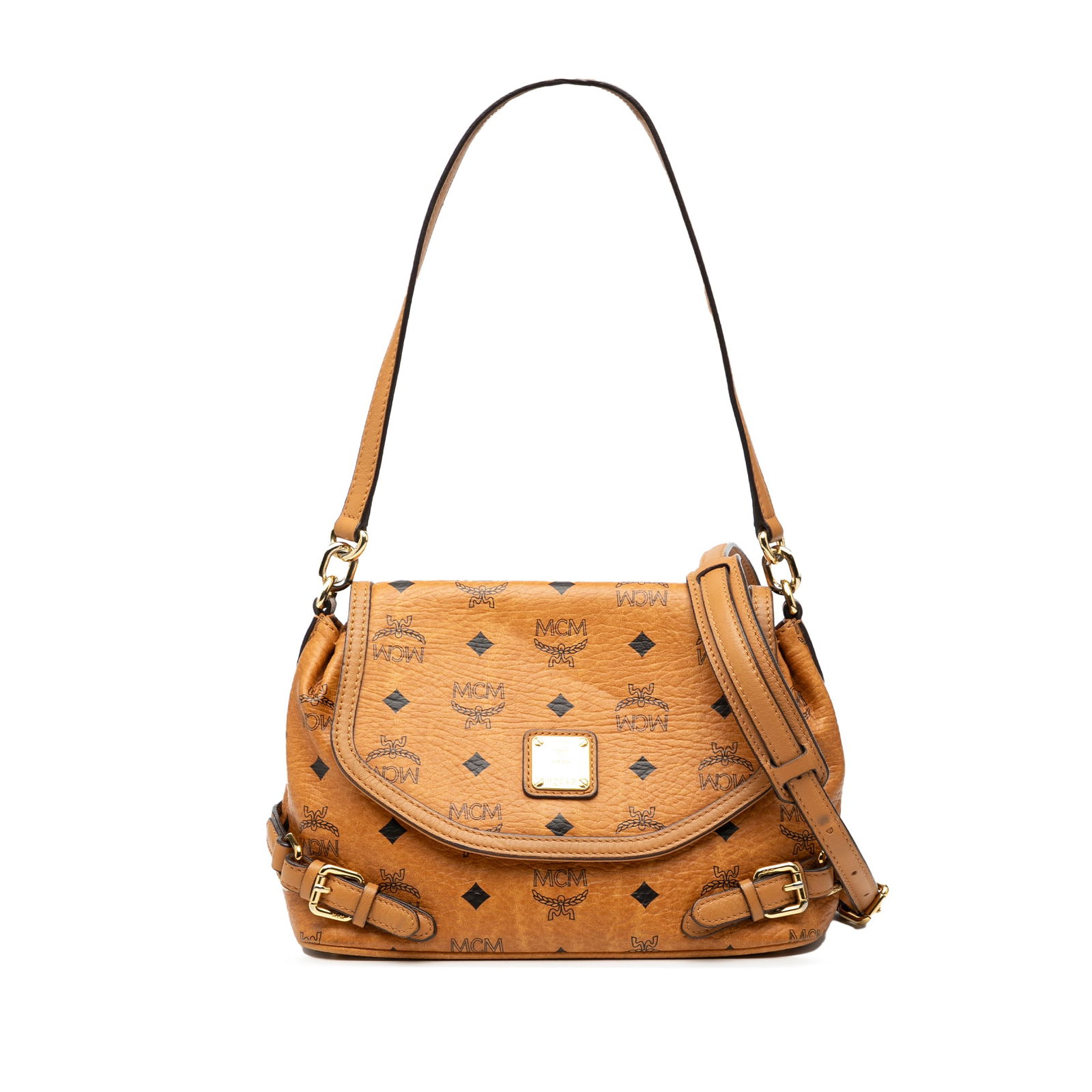 MCM Visetos Brown Coated Canvas Satchel with Leather Trim: MCM Visetos Brown Coated Canvas Satchel with Leather Trim This MCM Visetos satchel is crafted from coated canvas with leather trim. It features a flat leather top handle, a detachable flat leather str