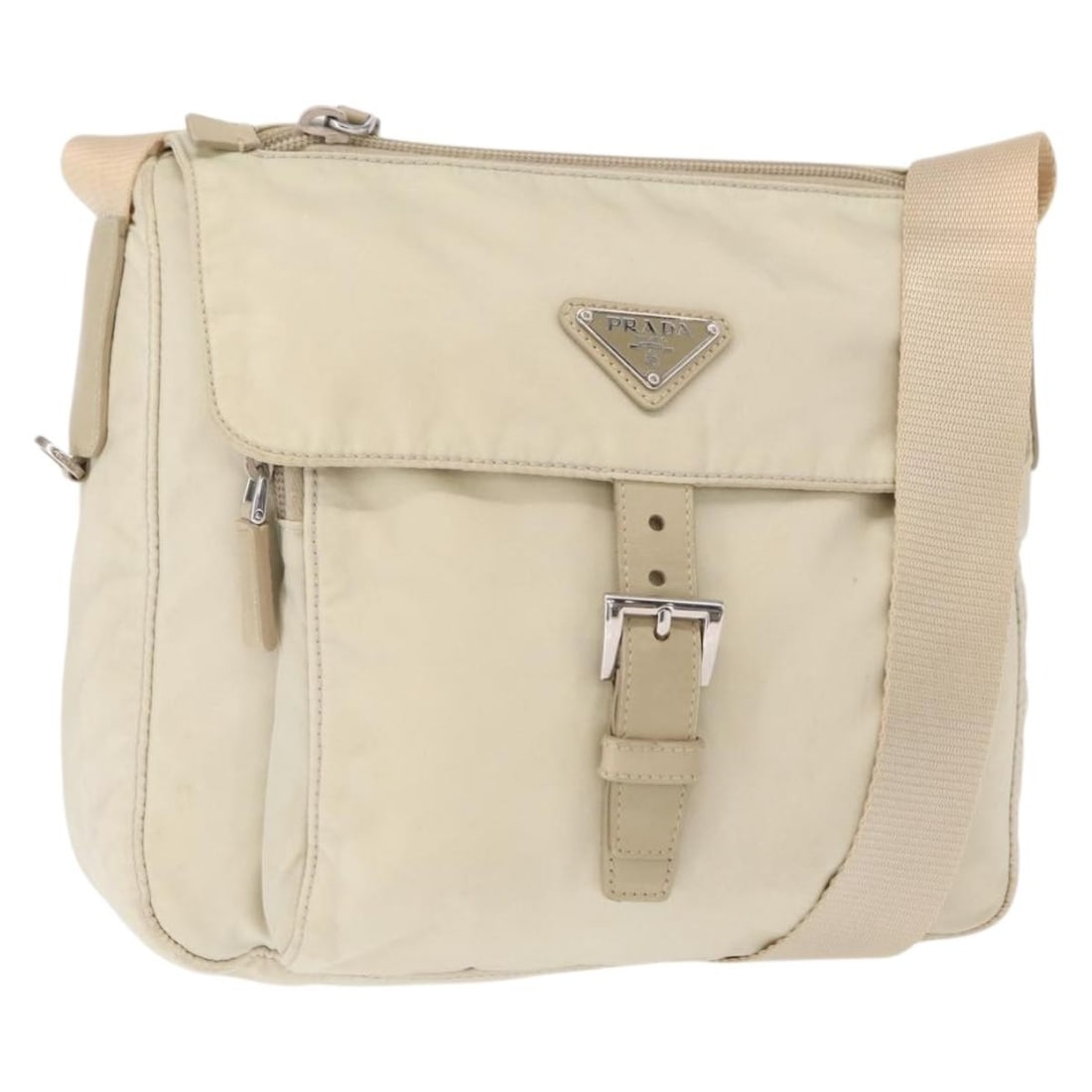 Prada Tessuto Nylon Messenger Shoulder Bag Beige 23cm by 21cm by 8cm: Prada Tessuto Nylon Messenger Shoulder Bag Beige 23cm by 21cm by 8cm This pre-owned Prada Buckle Messenger Bag for women features a beige nylon exterior with metal fittings. It offers a compact design