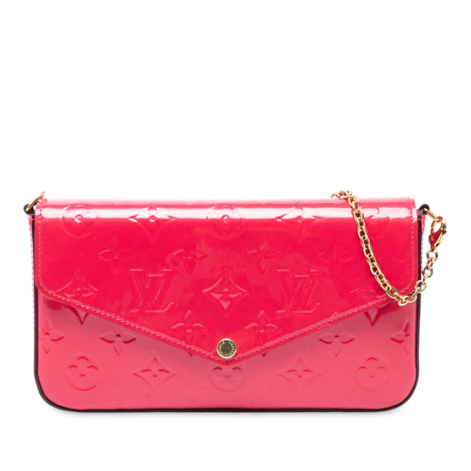 Louis Vuitton Monogram Vernis Pochette Felicie Bag with Gold Chain: Louis Vuitton Monogram Vernis Pochette Felicie Bag with Gold Chain The Louis Vuitton Monogram Vernis Pochette Felicie is an elegant crossbody bag crafted from premium leather in a stunning pink hue. T