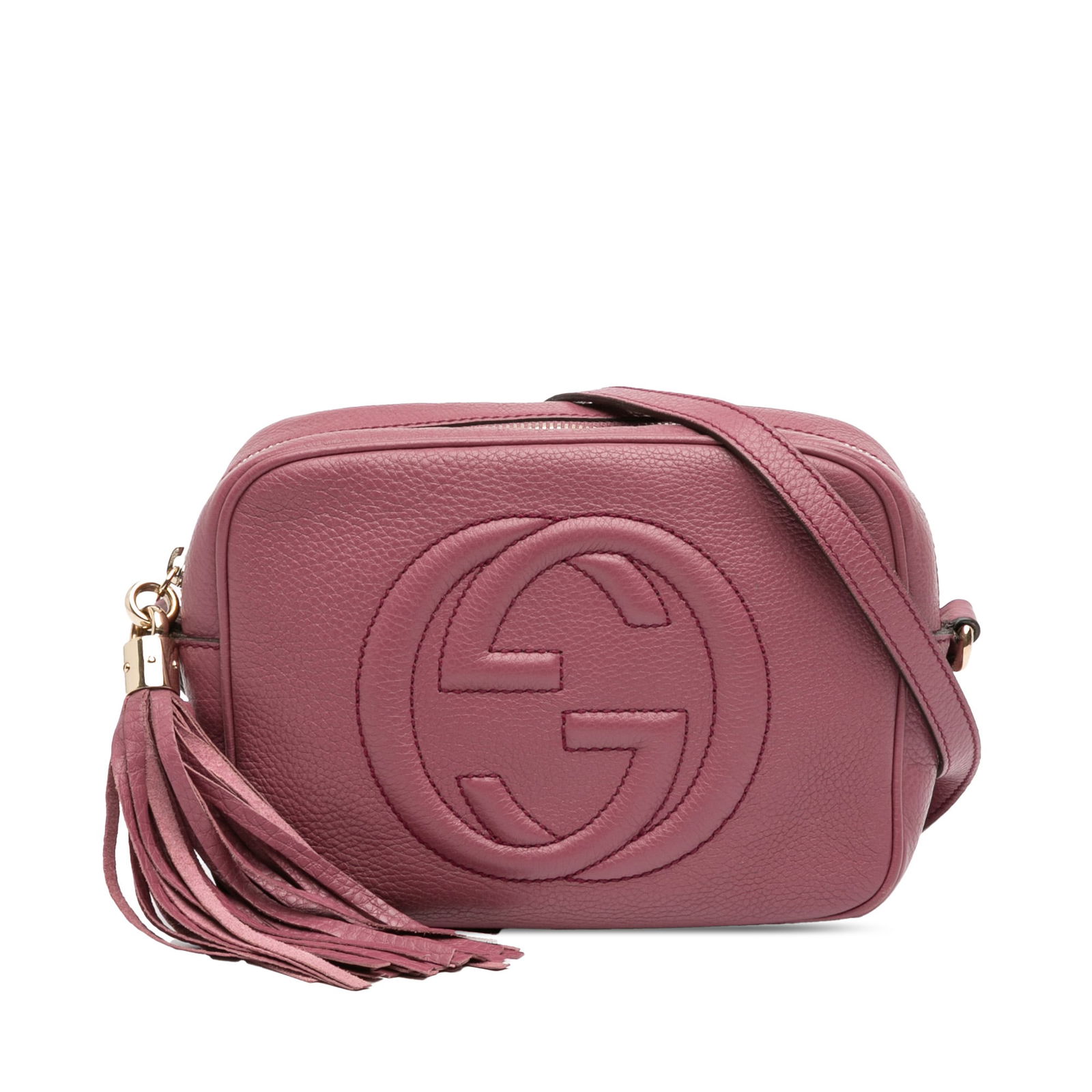 Pink Gucci Soho Disco Leather Crossbody Bag with Tassel Detail: Pink Gucci Soho Disco Leather Crossbody Bag with Tassel Detail This Gucci Soho Disco Crossbody bag is crafted from leather and features an adjustable flat leather strap, a tassel detail, top zip closu