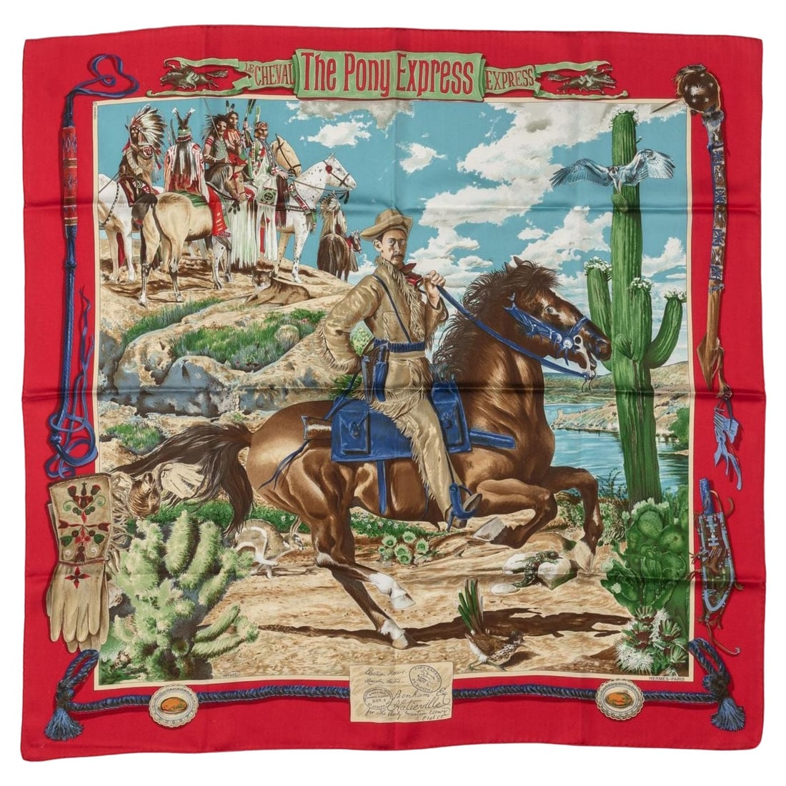 Pony Express Silk Scarf by Kermit Oliver for Hermes 35 Inch: Pony Express Silk Scarf by Kermit Oliver for Hermes 35 Inch This Hermes "Pony Express" scarf is crafted from 100% silk twill and features an intricate design by Kermit Oliver. The scarf showcases orna