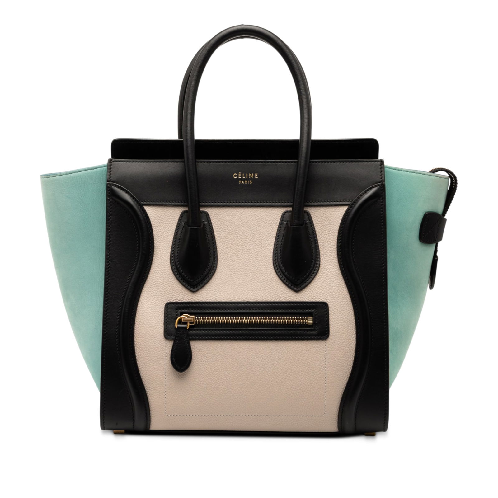 Celine Micro Luggage Tote Brown Tricolor Leather Handbag: Celine Micro Luggage Tote Brown Tricolor Leather Handbag This Celine Micro Tricolor Leather Luggage Tote is crafted from premium leather and features rolled leather handles, a top zip closure, an exte