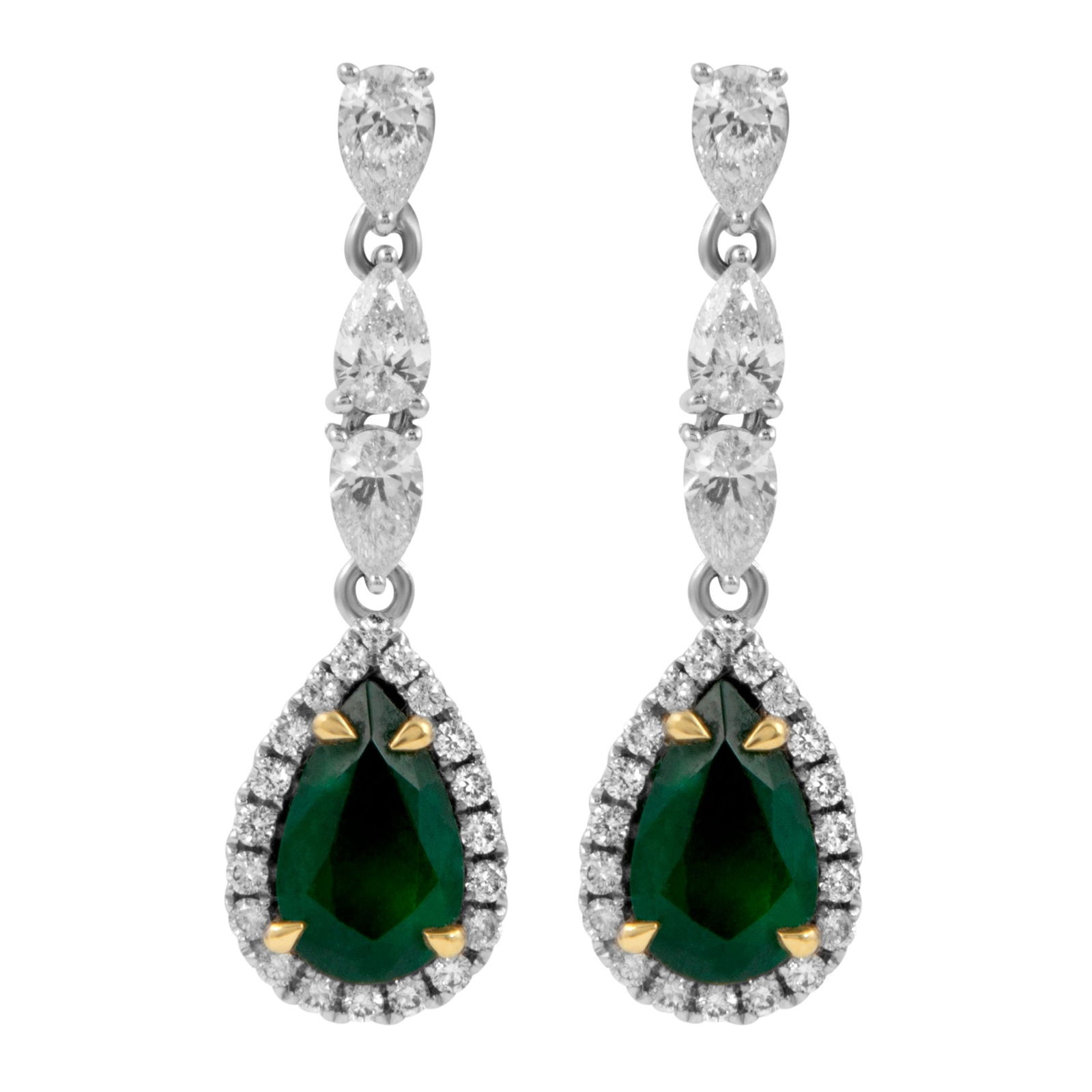 GIA Emerald Diamond Earrings 18k White Gold 4.29ct: GIA Emerald Diamond Earrings 18k White Gold 4.29ct These stunning contemporary drop earrings feature a captivating combination of GIA certified emeralds and diamonds, crafted in luxurious 18k white go