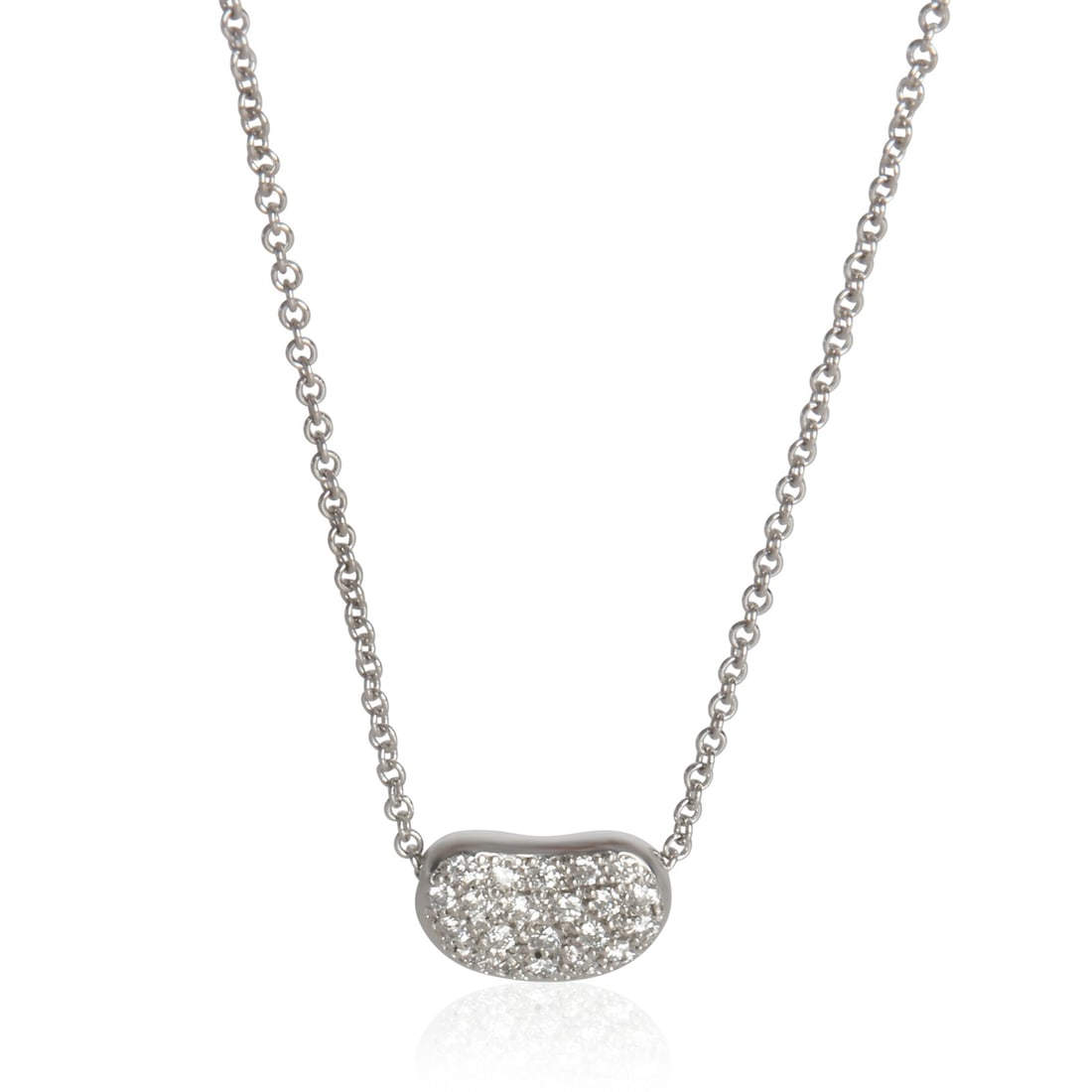 Platinum Pendant with Diamonds Elsa Peretti Bean Collection by Tiffany & Co.: Platinum Pendant with Diamonds Elsa Peretti Bean Collection by Tiffany & Co. This Tiffany & Co. Elsa Peretti Bean pendant features a platinum setting and a round brilliant diamond. The necklace measur