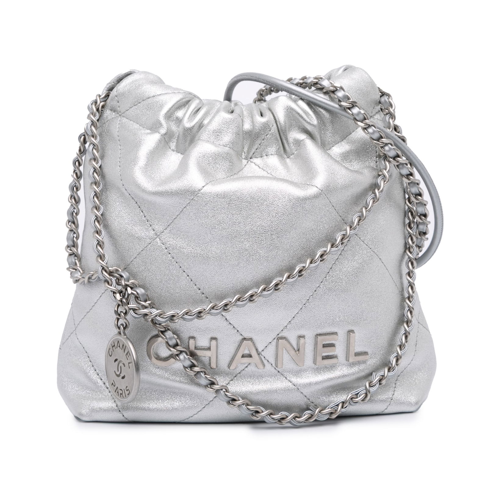 Chanel Mini Metallic Calfskin 22 Silver Satchel with Leather Handle: Chanel Mini Metallic Calfskin 22 Silver Satchel with Leather Handle Introducing the Chanel Mini Metallic Calfskin 22 Satchel, a stunning blend of elegance and functionality. This luxurious bag feature