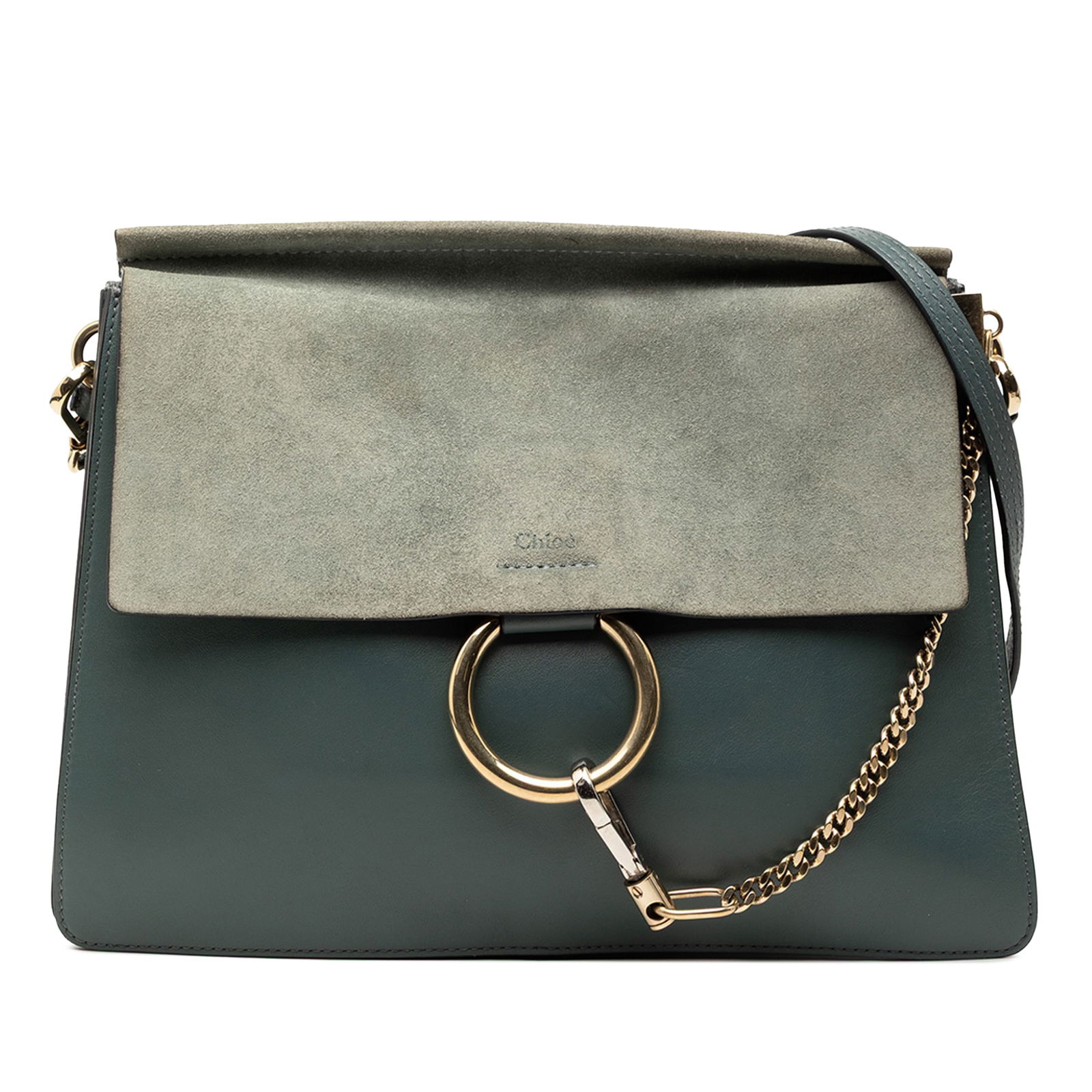 Faye Blue Crossbody Bag in Calfskin and Suede by Chloe: Faye Blue Crossbody Bag in Calfskin and Suede by Chloe This Chloe Medium Calfskin and Suede Faye Crossbody bag features a blue leather body with a suede top flap, a flat leather strap, and a hook clos