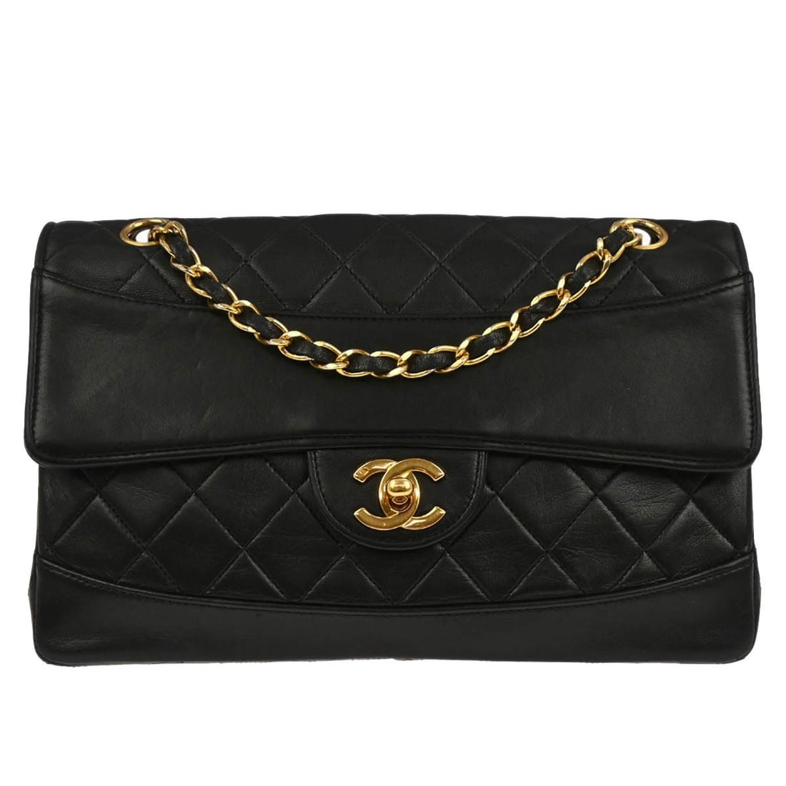 Chanel Matelasse Small Black Lambskin Flap Shoulder Bag with Chain Strap: Chanel Matelasse Small Black Lambskin Flap Shoulder Bag with Chain Strap This Chanel shoulder bag features black lambskin leather with a matelasse pattern. The bag is designed with a flap turnlock clo