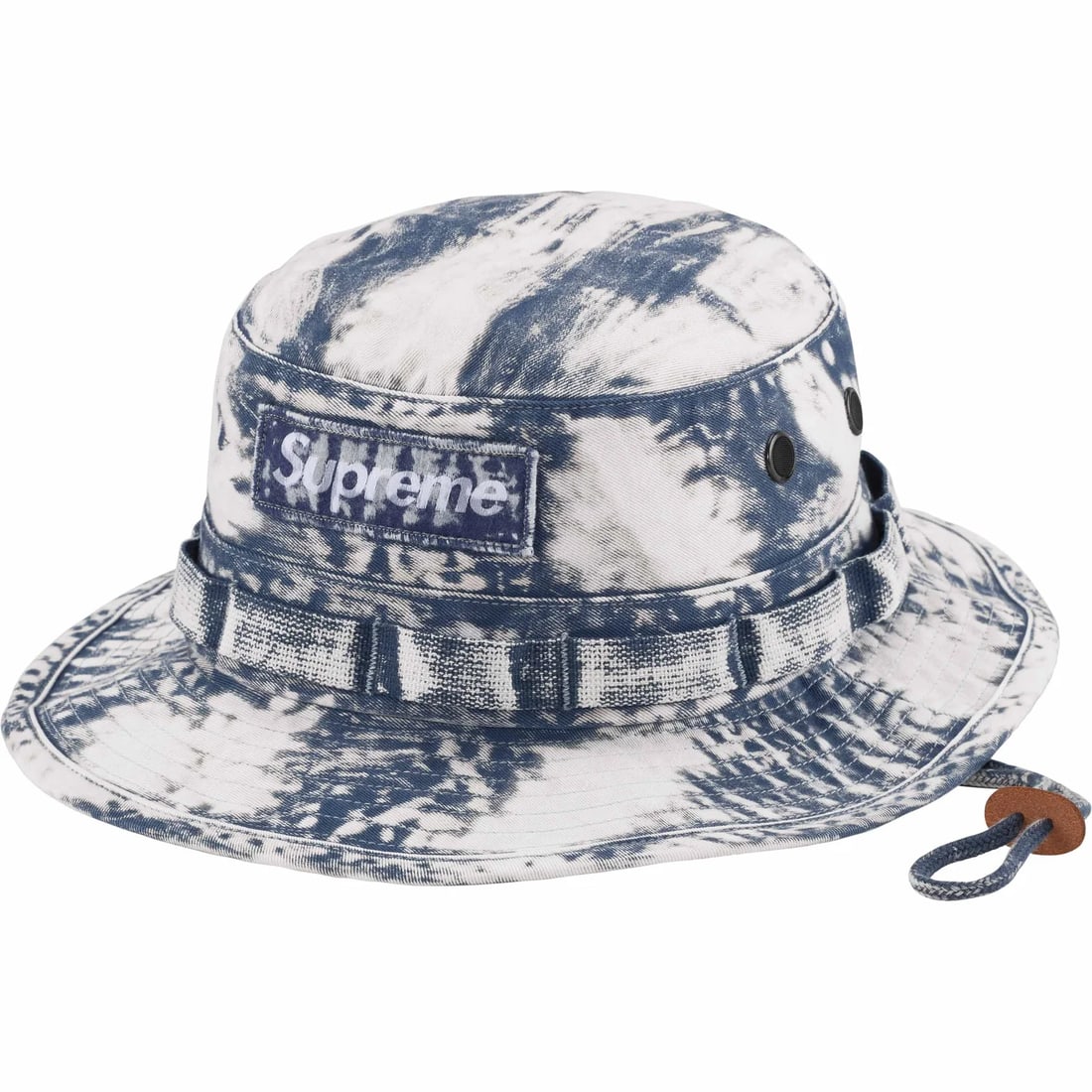 Navy Cotton Chino Twill Boonie Hat with Woven Logo Label: Navy Cotton Chino Twill Boonie Hat with Woven Logo Label This navy boonie hat is crafted from all-cotton chino twill and features a cotton cord closure with a leather cord stopper. The front is accent