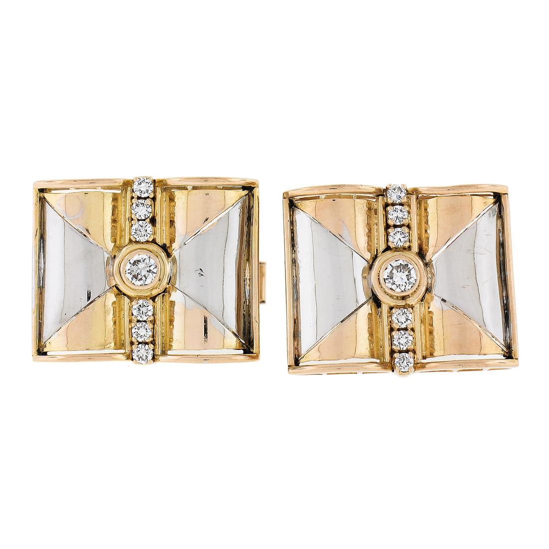 Vintage 14k Gold Cufflinks with 0.38ct Round Diamonds: Vintage 14k Gold Cufflinks with 0.38ct Round Diamonds Elevate your formal attire with these stunning vintage cufflinks crafted from solid 14k yellow gold featuring white gold accents. Each cufflink sh