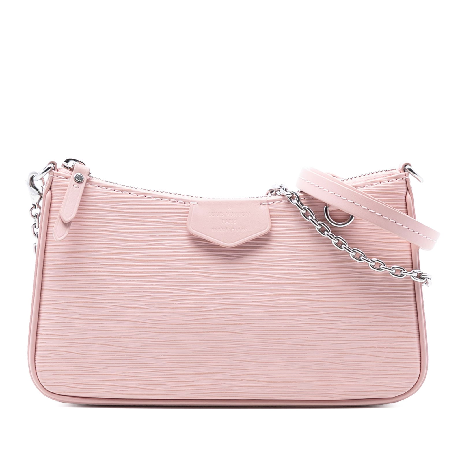 Pink Epi Leather Easy Pouch With Detachable Straps by Louis Vuitton: Pink Epi Leather Easy Pouch With Detachable Straps by Louis Vuitton This Louis Vuitton Epi Easy Pouch On Strap features a pink epi leather body, complemented by both a detachable chain link strap and