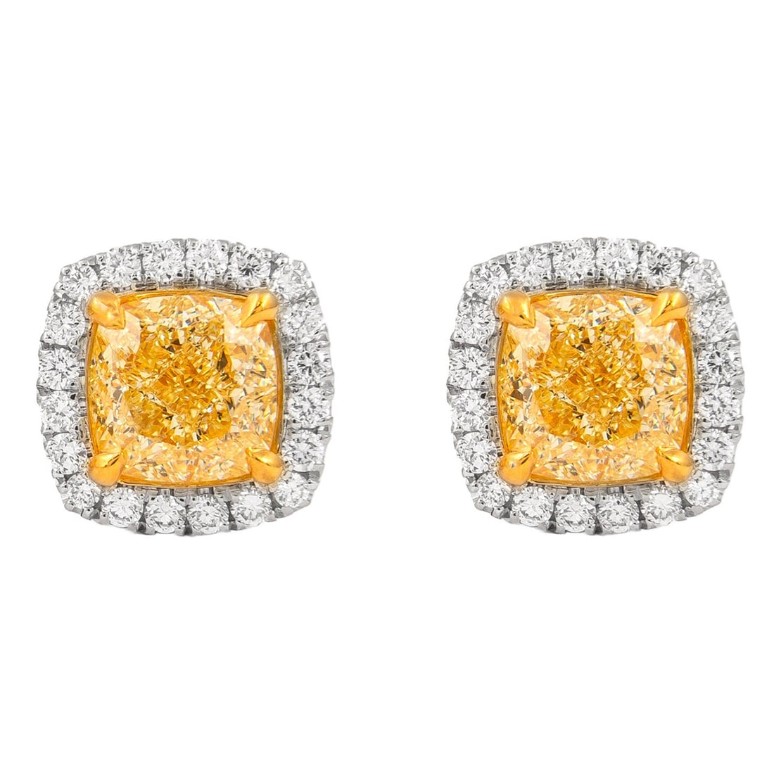 GIA 3.35ct Fancy Yellow Diamond Stud Earrings 18k Gold Halo: GIA 3.35ct Fancy Yellow Diamond Stud Earrings 18k Gold Halo Elevate your elegance with these stunning GIA-certified Fancy Yellow Diamond Stud Earrings, featuring a total weight of 3.82 carats. Each ea