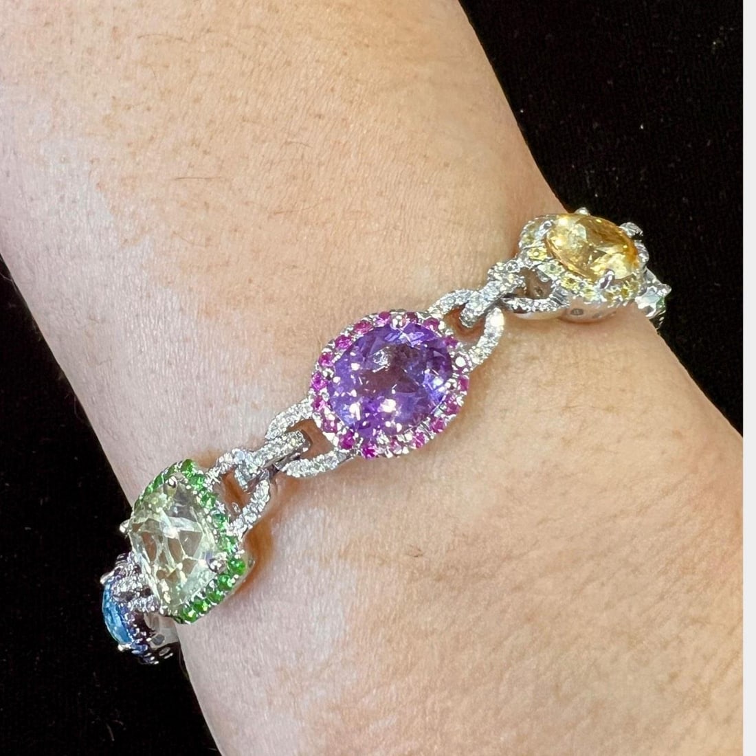 Diamond and Semi Precious Gemstone Bracelet in 18K White Gold 7.25 Inch: Diamond and Semi Precious Gemstone Bracelet in 18K White Gold 7.25 Inch This 18K white gold bracelet features approximately 40.00 carats of semi-precious stones and about 1.50 carats of diamonds with