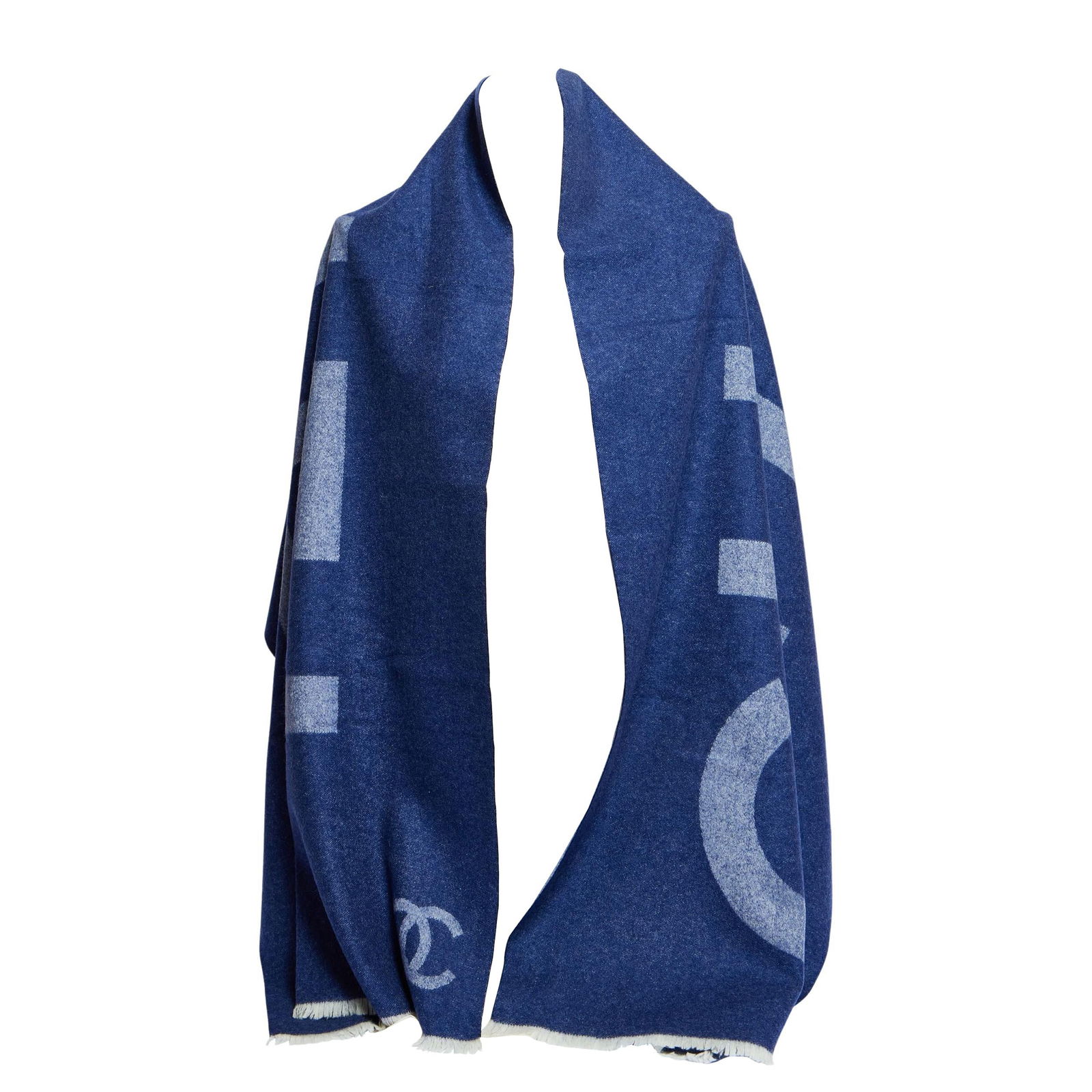 Chanel Reversible Cashmere Silk Blue Scarf with White Fringes: Chanel Reversible Cashmere Silk Blue Scarf with White Fringes Introducing a luxurious Chanel scarf that combines elegance and comfort. This beautiful reversible scarf features a striking warm blue sid