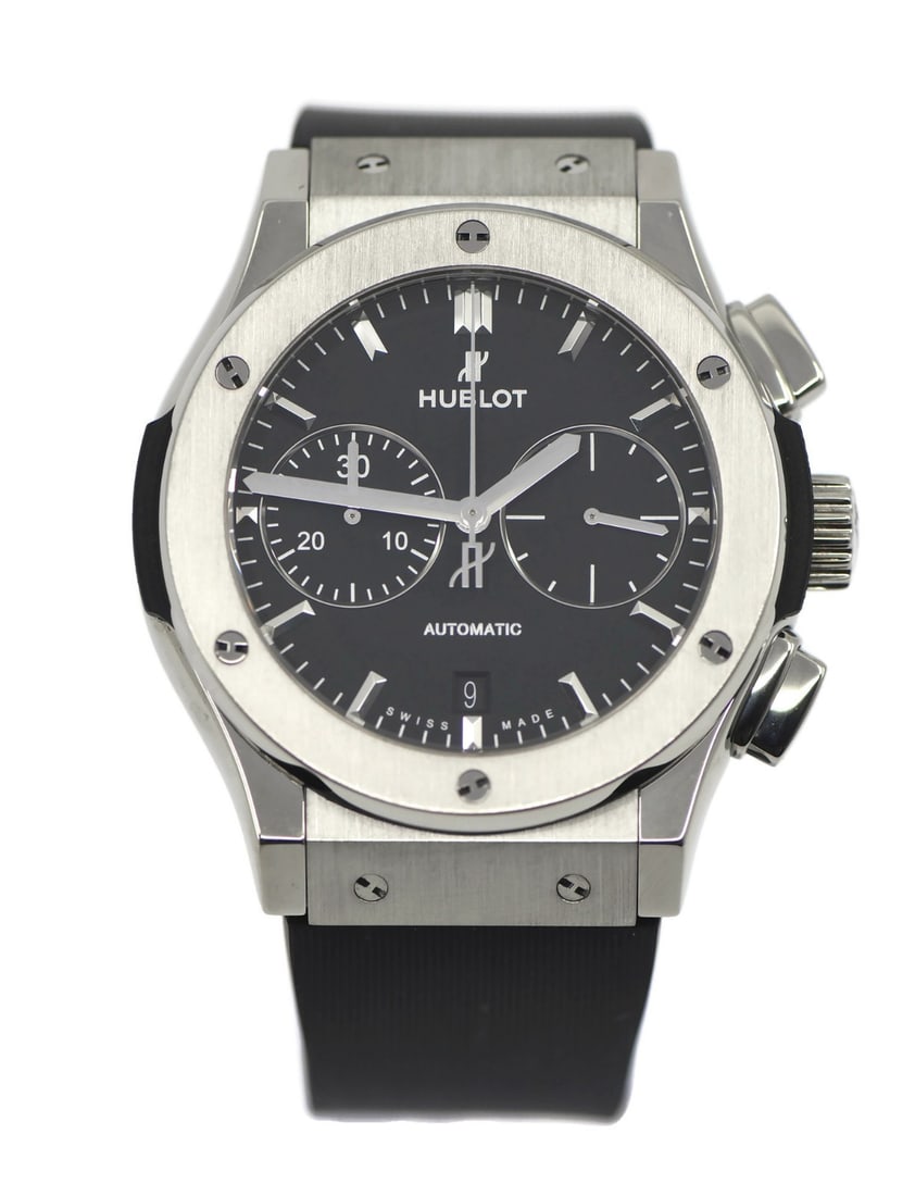 Classic Fusion Titanium Chronograph Automatic 45mm Wristwatch 521.NX.1171.RX by Hublot: Classic Fusion Titanium Chronograph Automatic 45mm Wristwatch 521.NX.1171.RX by Hublot This Hublot Classic Fusion Chronograph Titanium Watch features a 45mm titanium case, a black dial, and a black ru