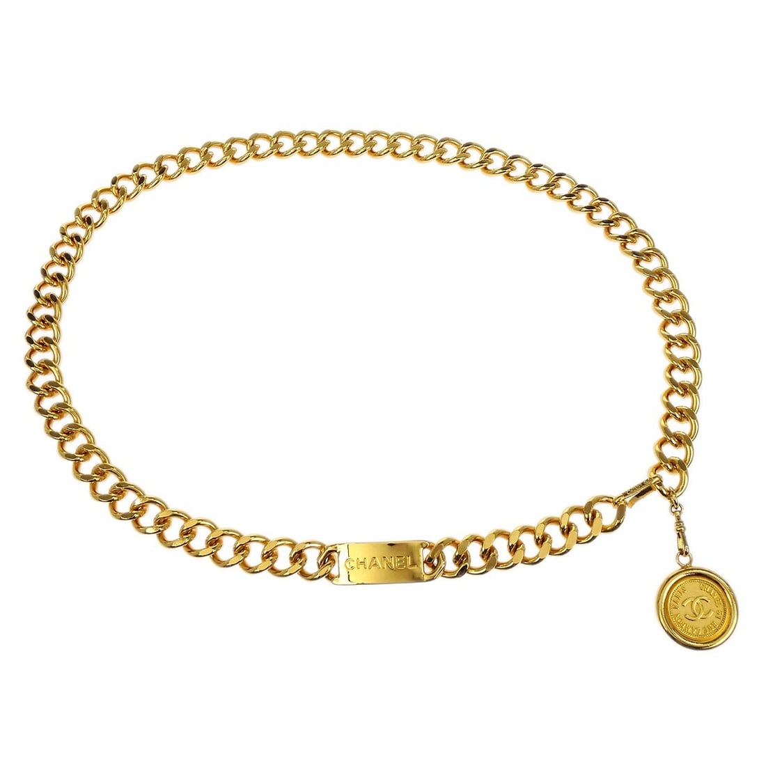 Chanel Gold Plated Medallion Chain Belt Small Size: Chanel Gold Plated Medallion Chain Belt Small Size This Chanel chain belt features a gold-plated medallion design and offers a versatile one-size fit. The belt showcases the signature elegance of Chan