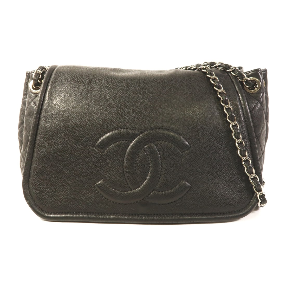 CHANEL Black Calfskin Leather Chain Shoulder Bag SHW: CHANEL Black Calfskin Leather Chain Shoulder Bag SHW This elegant CHANEL shoulder bag is crafted from luxurious black calfskin leather, exuding sophistication and style. With a generous size, it measu