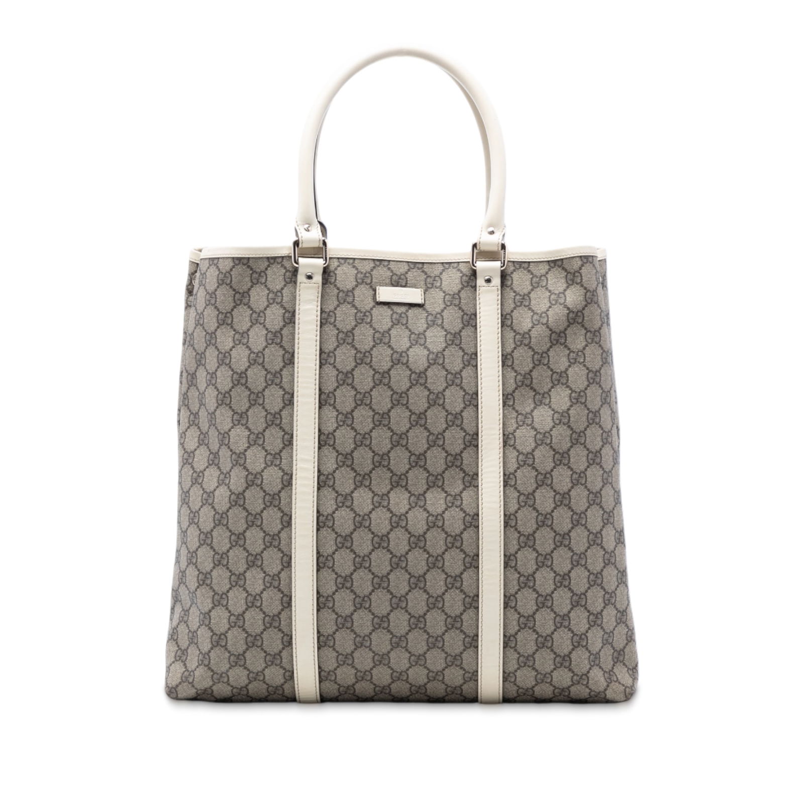 Gucci GG Supreme Joy Brown Vertical Tote Bag with Leather Trim: Gucci GG Supreme Joy Brown Vertical Tote Bag with Leather Trim This Gucci GG Supreme Joy Vertical Tote features a coated canvas body with leather trim, rolled leather handles, an open top with magneti