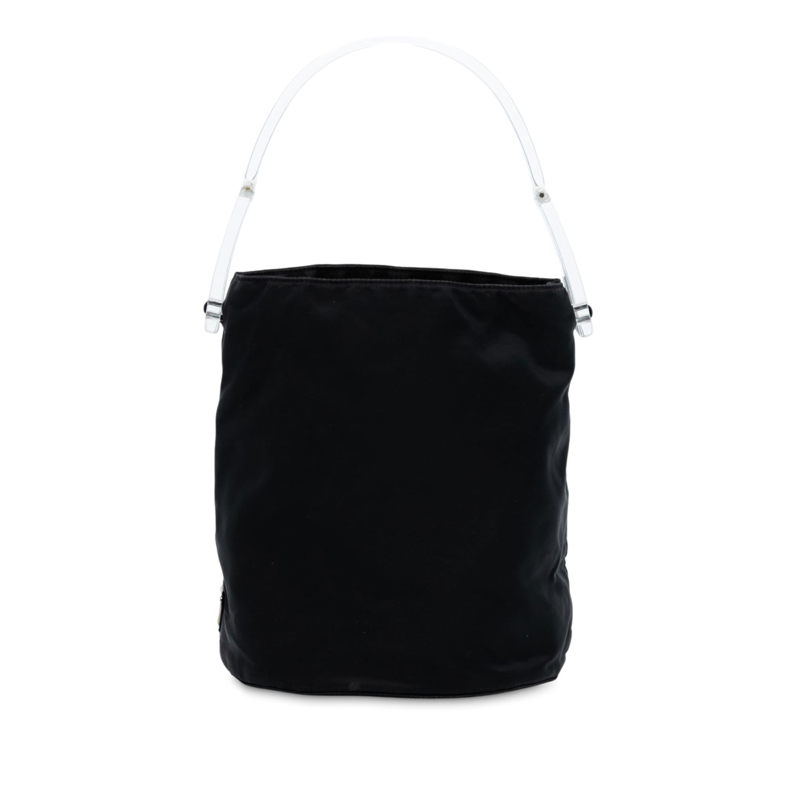 Prada Tessuto Black Nylon Bag with Acrylic Top Handle: Prada Tessuto Black Nylon Bag with Acrylic Top Handle This Prada Tessuto handle bag features a black nylon body with a plastic top handle, an open top design, and an interior zip compartment. The bag