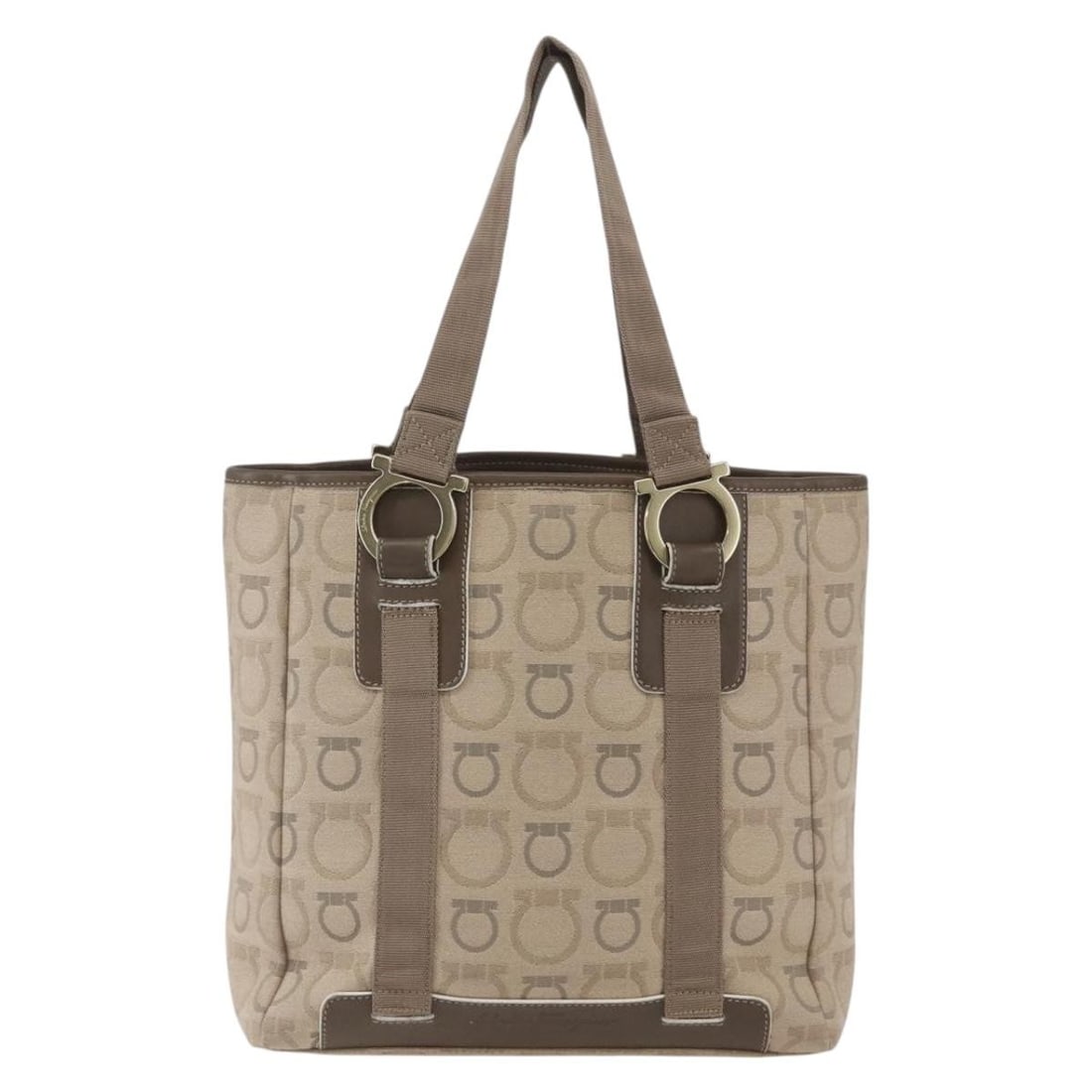 Gancini Canvas Tote Bag by Salvatore Ferragamo Beige Italian Design: Gancini Canvas Tote Bag by Salvatore Ferragamo Beige Italian Design This Salvatore Ferragamo Gancini Tote is crafted from beige canvas and designed for women. The tote features the iconic Gancini moti