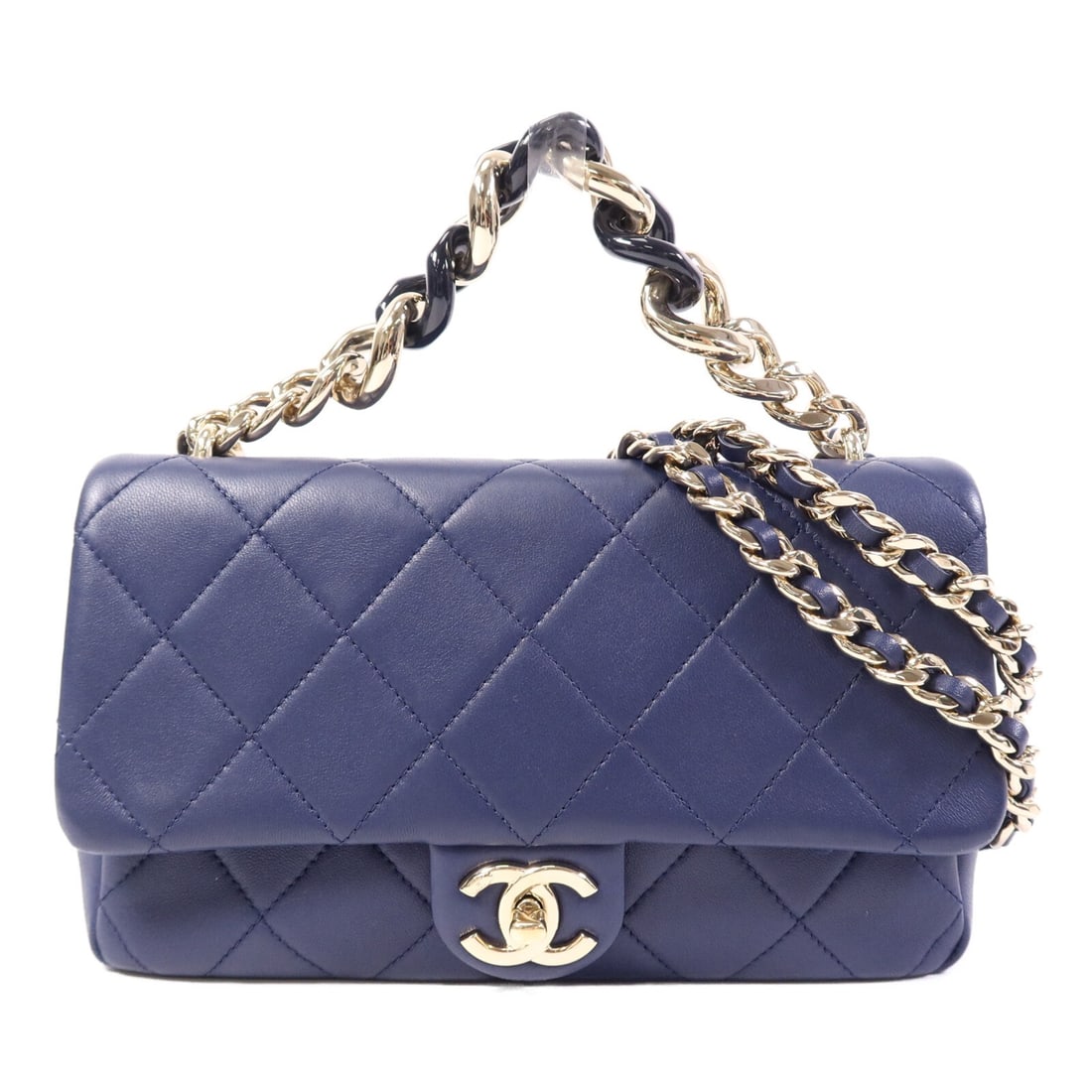 Blue Lambskin CHANEL Shoulder Bag with CC Chain Two Way Design: Blue Lambskin CHANEL Shoulder Bag with CC Chain Two Way Design This CHANEL CC Chain 2 Way Shoulder Bag is crafted from blue lambskin leather. The versatile design allows it to be carried as both a sho